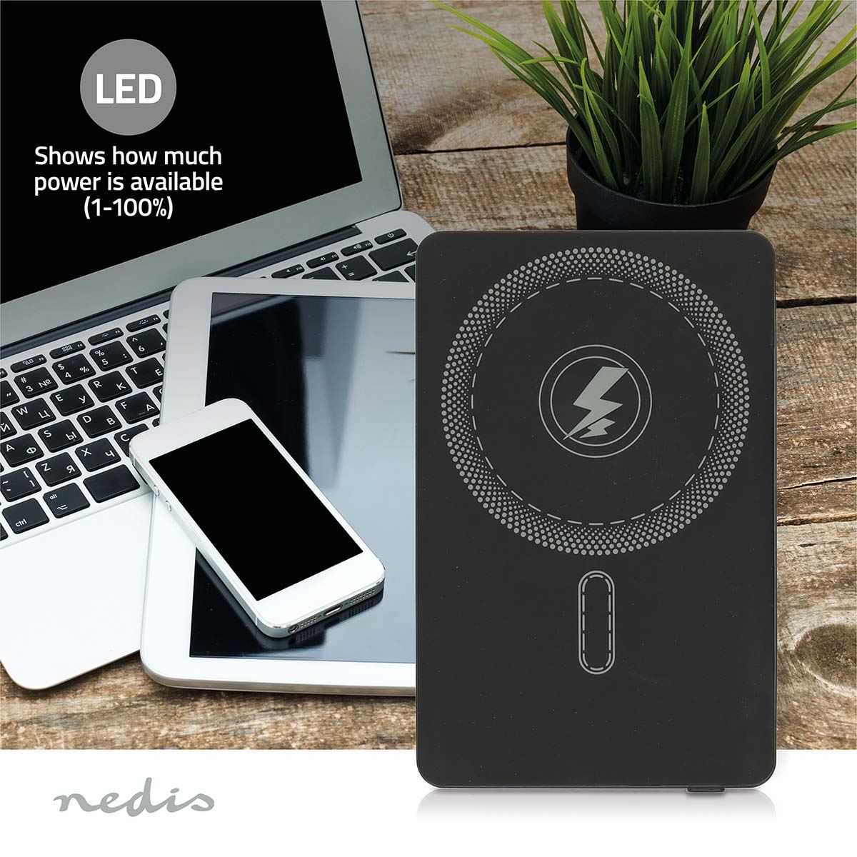 Nedis Magnetic Wireless Powerbank 5000 mAh | 1.67 / 2.22 / 3.0 A | Output connection: 1x USB-C™ | Input connection: 1x USB-C™ | PD3.0 20W | Lithium-Polymer