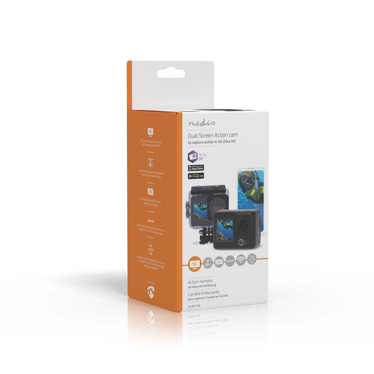 Nedis Dual Screen Action Cam, 5K Ultra HD 30fps, 16MP 170 Degree Wide Angle, Waterproof 30m, Wi-Fi Live Stream with 2" TFT Rear Screen & 1.3" Front Screen, Built-in Mic, Mounting Kit Included