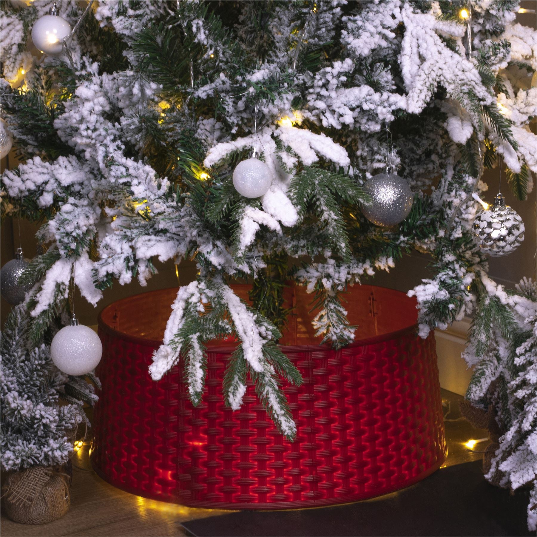Rattan Effect Christmas Tree Skirt Easy Fold Stand Cover Base Decoration - Red