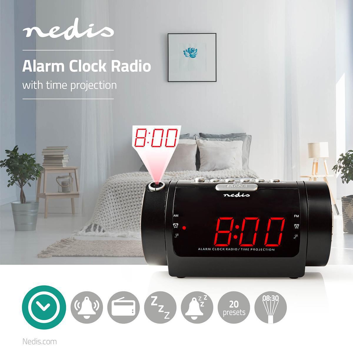 Nedis Digital Alarm Clock Radio | LED | Time projection | AM / FM | Snooze function | Sleep timer | Number of alarms: 2 | Black
