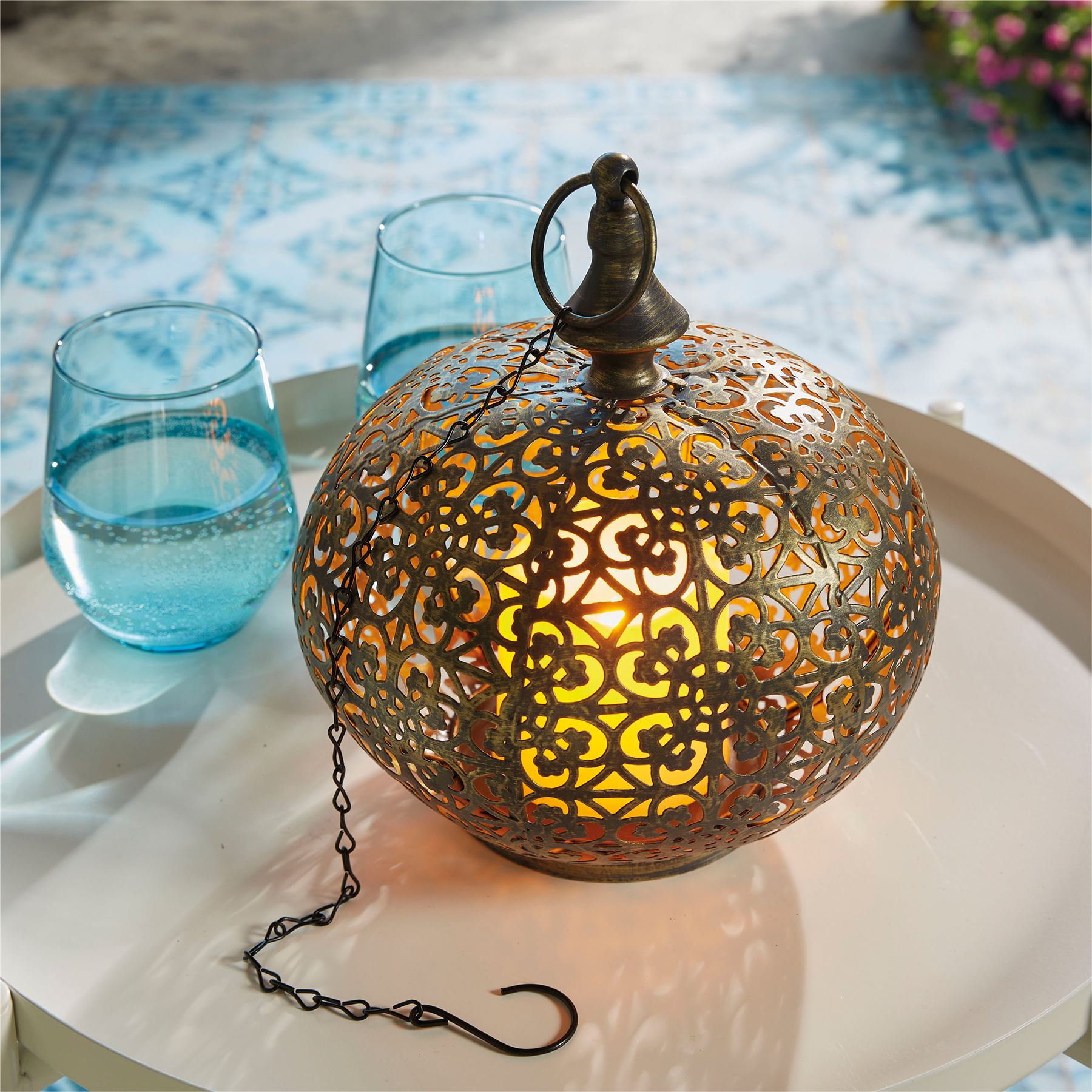 Moroccan Style LED Hanging Light Lantern USB Rechargeable Outdoor Warm White with Timer
