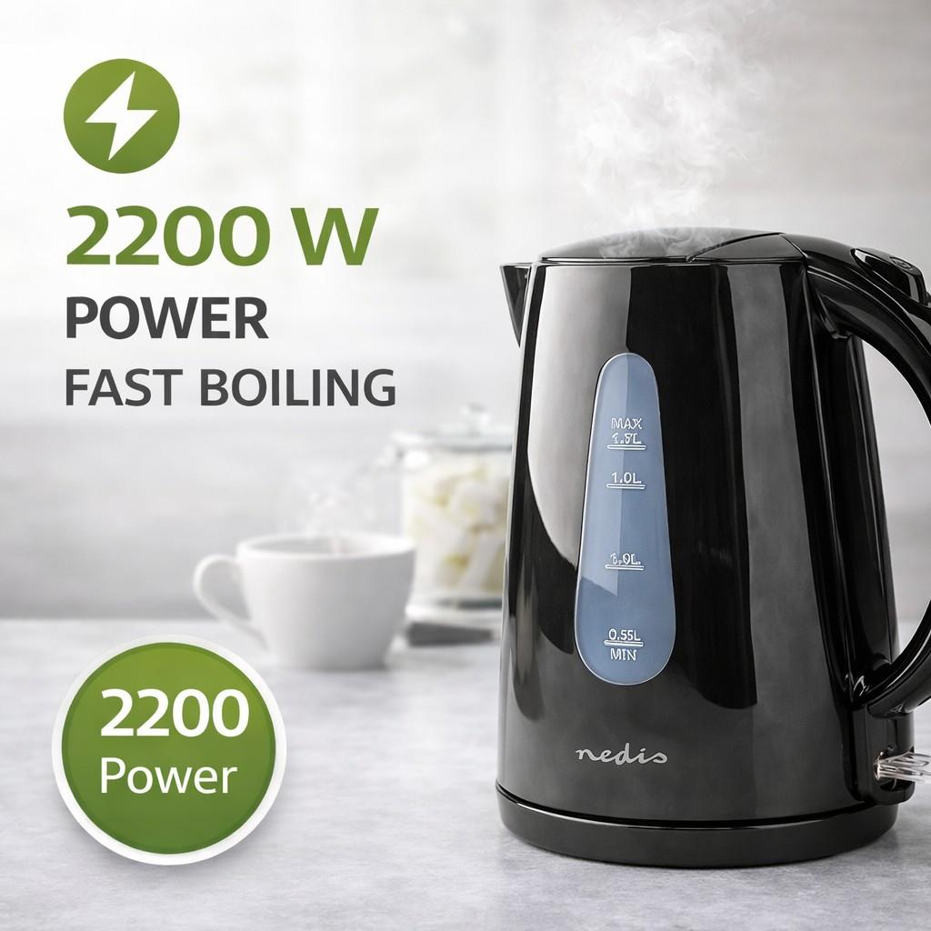 Nedis Electric Kettle | 1.7 l | Plastic | Black | Rotatable 360 degrees | Concealed heating element | Strix® controller | Boil-dry protection