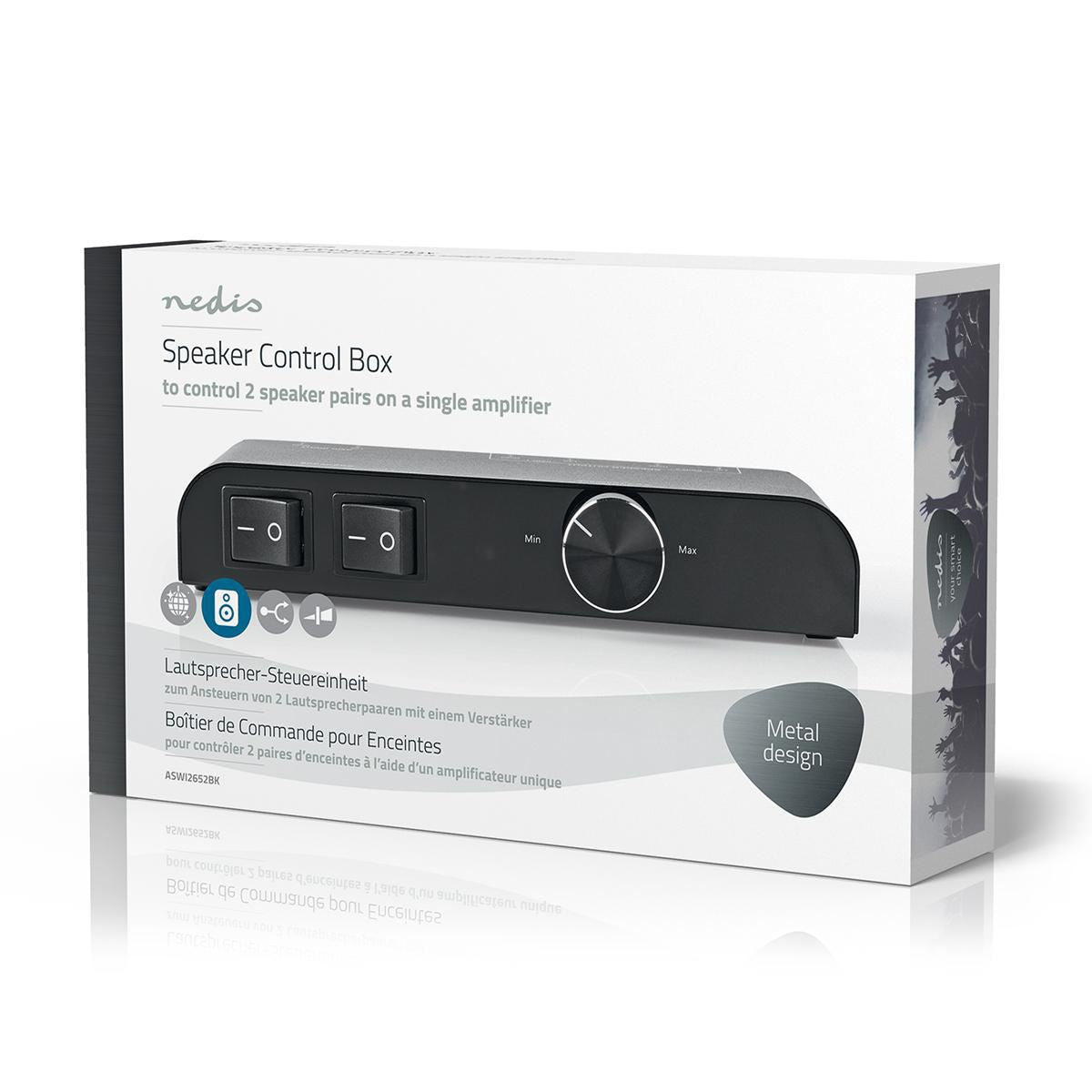 Nedis Speaker Control Switchbox | 2 port(s) | Banana | Speaker impedance: 4-16 Ohm | Maximum load per channel: 60 W | Volume control | Aluminium | Black