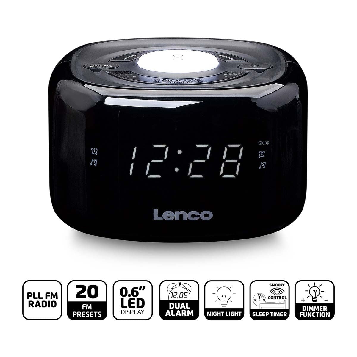 Lenco FM Alarm Clock Radio with Night Light | Black