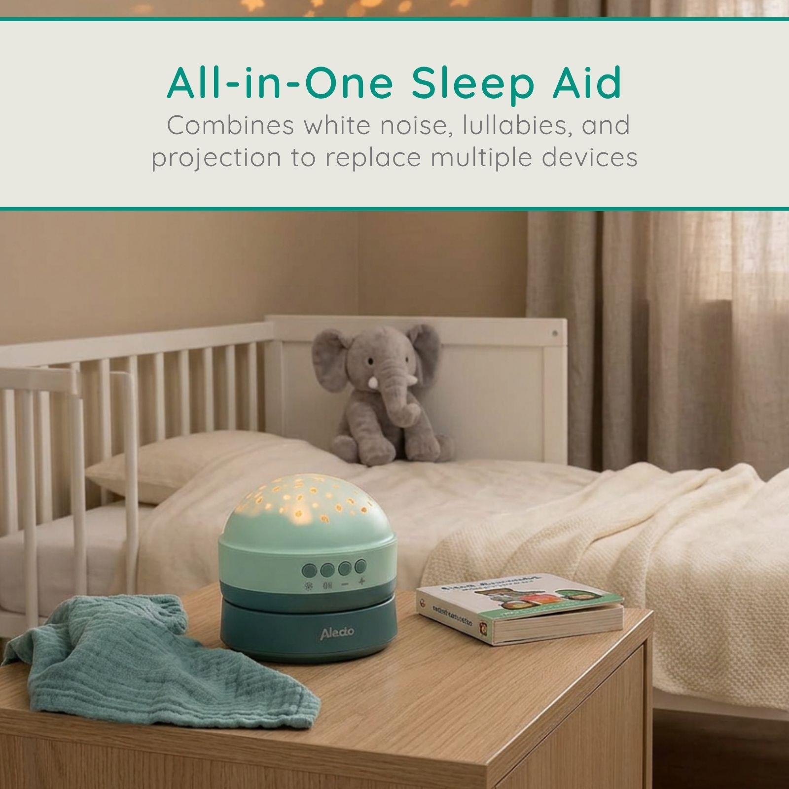 Alecto White Noise Machine, Children and Baby Sleep Aid, Natural Noise & Lullabies Sound Options - Projector Light with 2 Colour Options, Rechargeable
