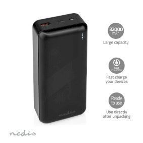 Nedis Powerbank | 32000 mAh | 2.4 / 3.0 / 3.25 A | Number of outputs: 2 | Output connection: 1x USB-A / 1x USB-C™ | Input connection: 1x Micro USB / 1x USB-C™ | PD3.0 45W / PD3.0 65W | Lithium-Polymer