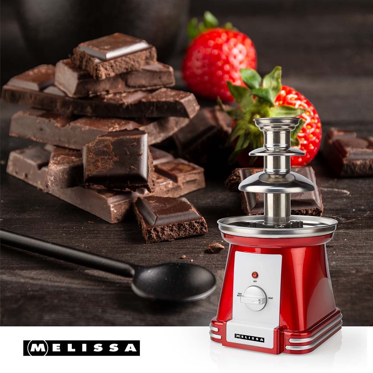MELISSA Chocolate Fountain, Retro 3 Tier Table Top Machine with 500ml Capacity, Heat & Motor Settings, 90W - Red/White