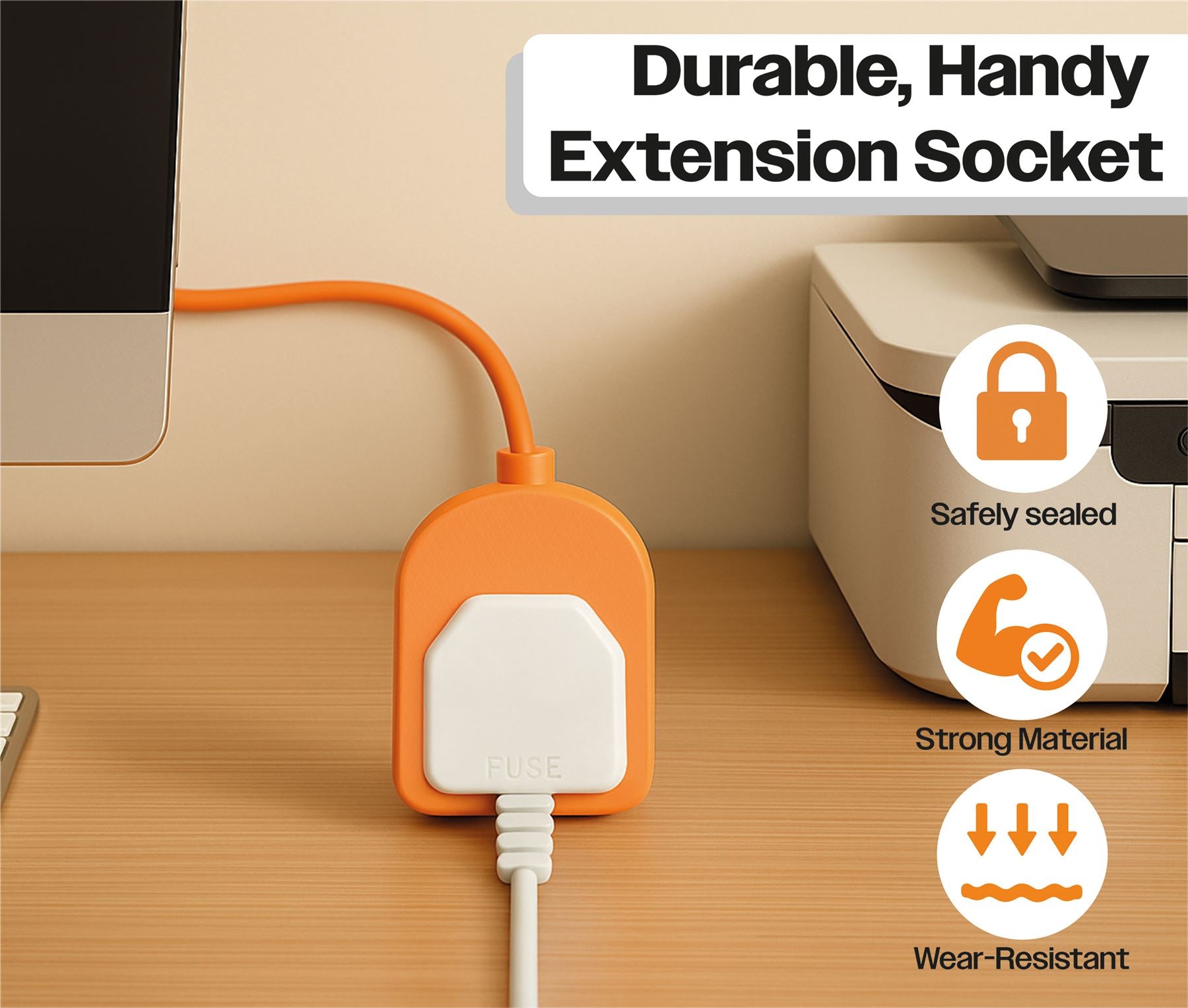 1 Gang High Impact Trailing Mains Powet Extension Socket, 13A - Orange