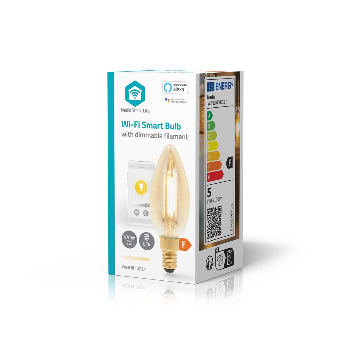 Nedis SmartLife LED Filament Bulb | E14 | 470 lm | 4.9 W | Warm White | 1800 - 3000 K | Glass | Android™ / IOS | Candle | 1 pcs