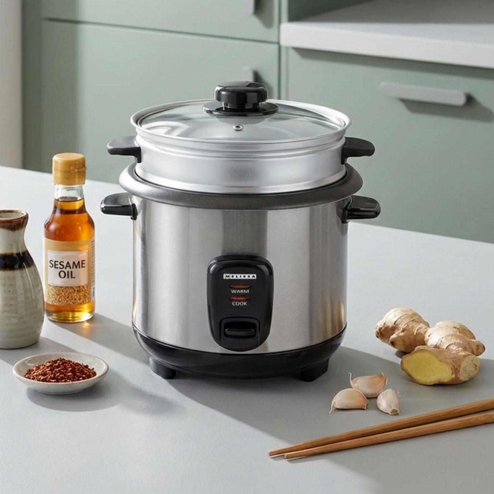 MELISSA 1L Rice Cooker with Keep-Warm Function & Boil Dry Protection, 500W, for 1-6 People, Quick Preparation Without Burning, Non-Stick Coating, Stainless Steel