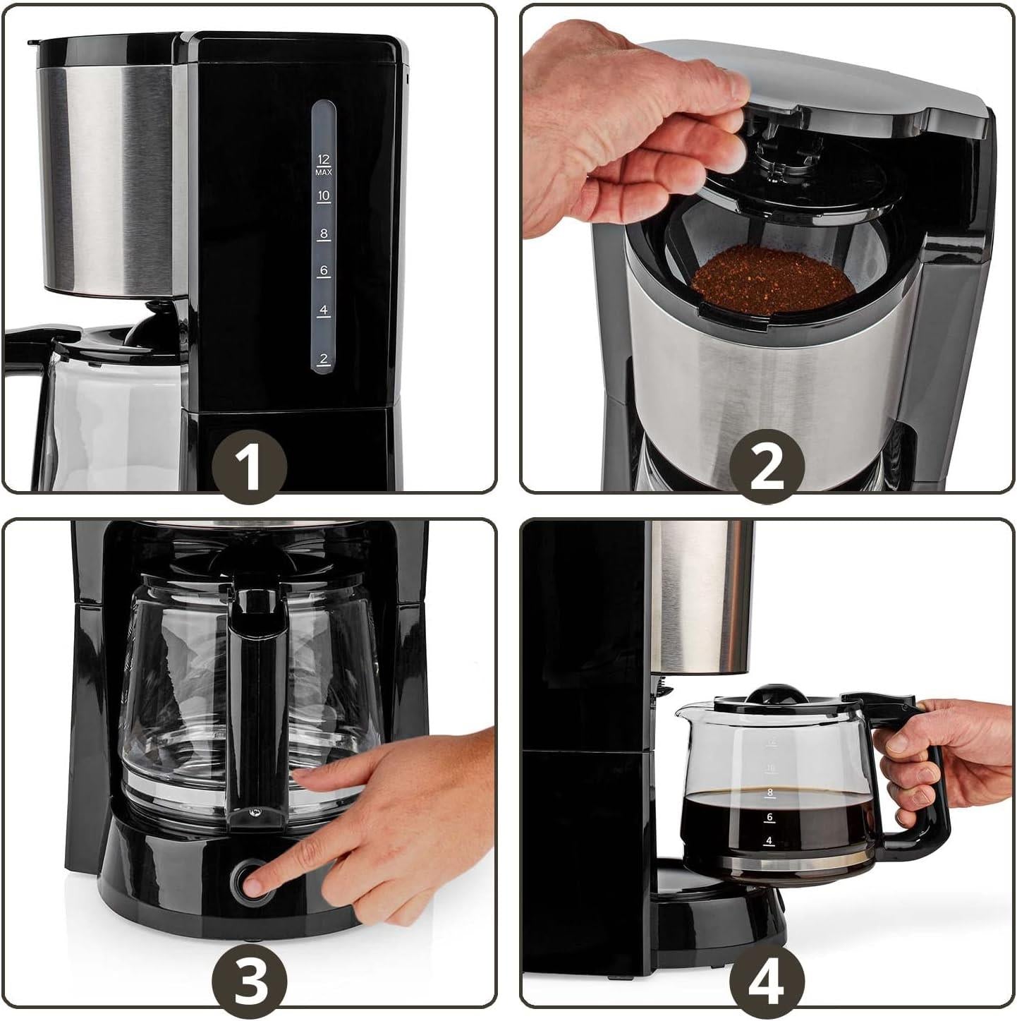 Nedis 1.25L Filter Coffee Machine with Keep Warm for 10 Cups, Anti Drip Function, Reusable Filter - Black/Silver