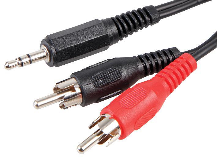 10m | 3.5mm Stereo Jack Plug | 2x RCA Male Phono Plugs | Cable - Black