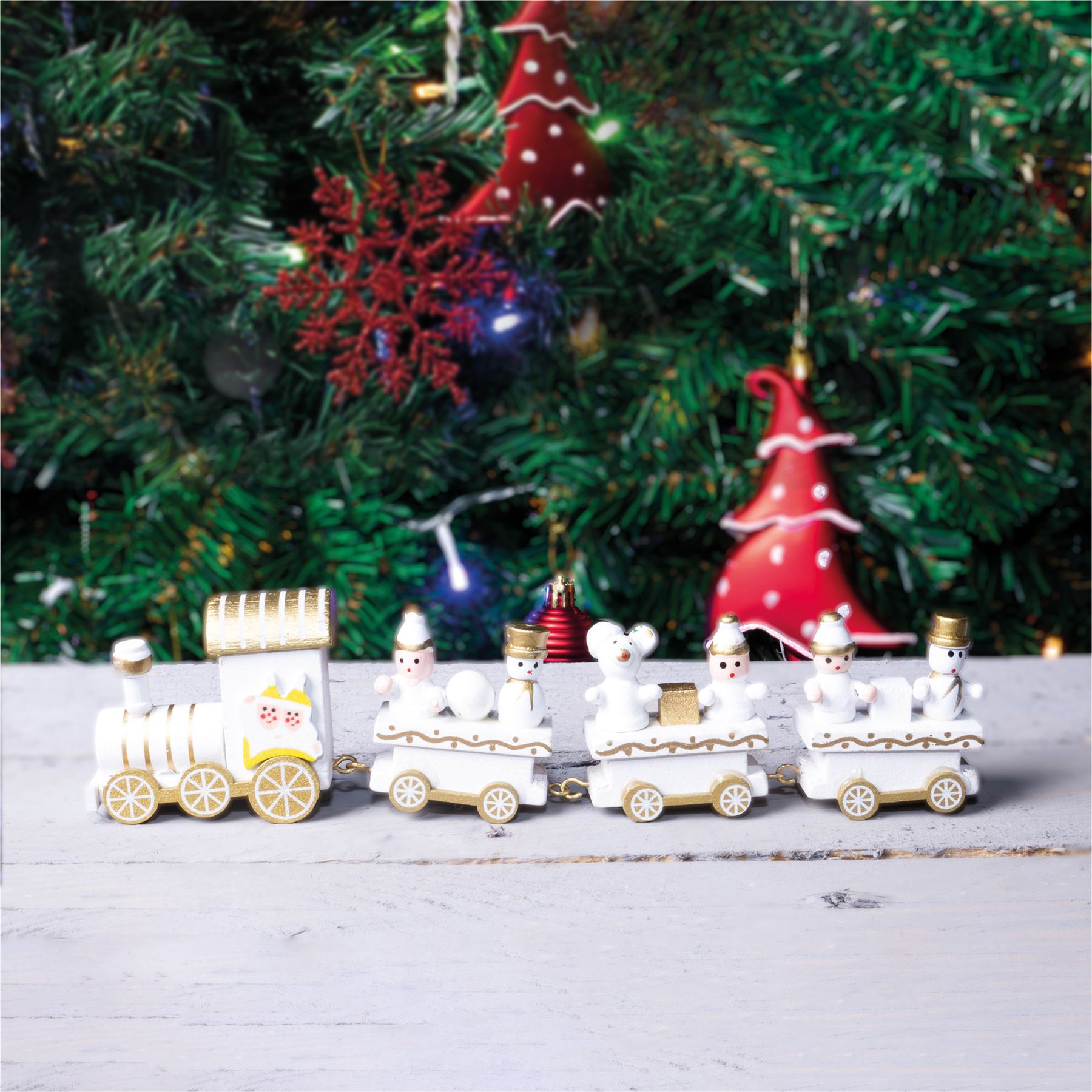 Wooden Christmas Train Set Display In White and Gold
