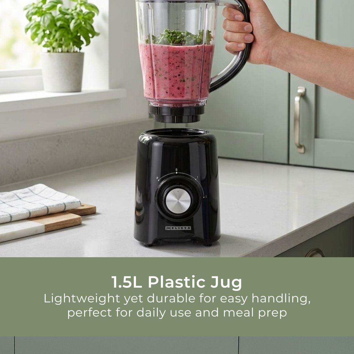 MELISSA Table Top Blender, 800W, with 1.5L Plastic Jug, 2 Speed Settings and Pulse Function, Ideal for Fruit Juice, Vegetables, Soup, Smoothies, Protein Shakes and more - Black