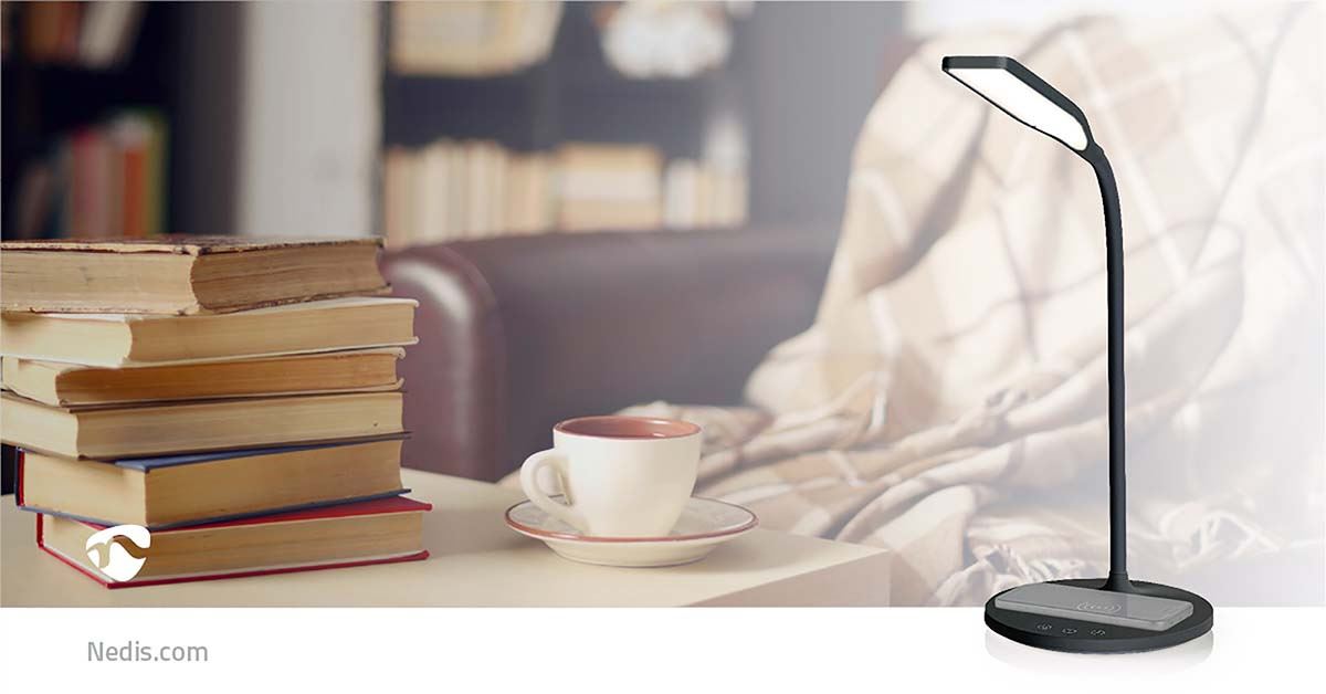 Nedis LED Desk Lamp with Fast Wireless Charger for Qi-Enabled Device, Table Lamp with 3 Colour Temperatures, Brightness Levels, Adjustable Gooseneck, 40 Minute Timer - Black