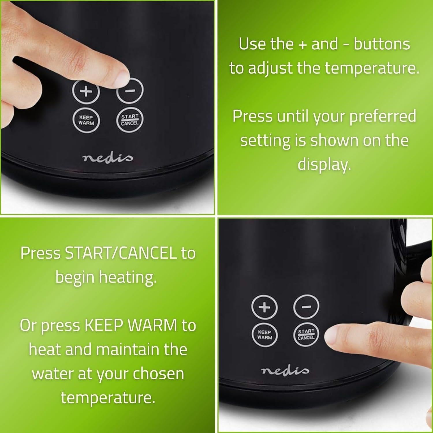 Nedis Electric Kettle 1.7L, Digital Temp Control 50-100oC, Keep Warm Function, 360 Degree Cordless Base, Black