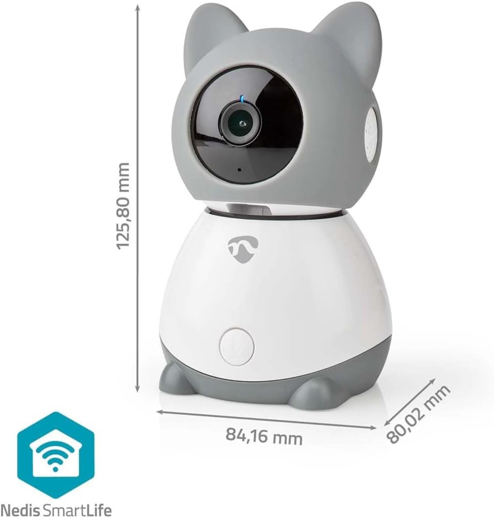 Nedis Smart Wifi Baby Monitor, Indoor Camera Full HD 1080p, Night Vision, PTZ, Motion & Sound Detection, 2-Way Audio, Humidity & Temperature Sensor, App Control � White/Grey