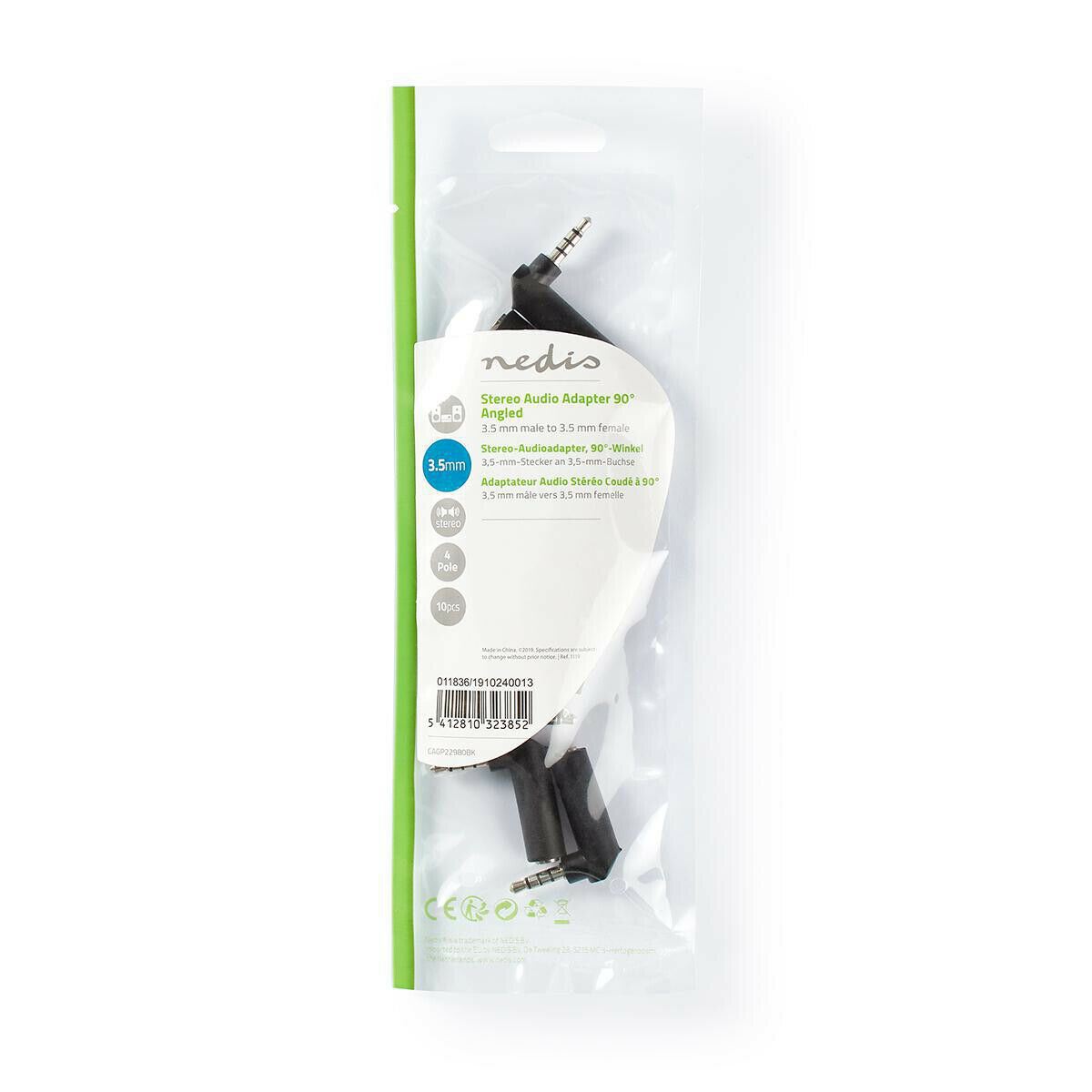 Nedis Stereo Audio Adapter | 3.5 mm Male | 3.5 mm Female | Nickel Plated | Angled 90° | Metal | Black | 10 pcs | Polybag