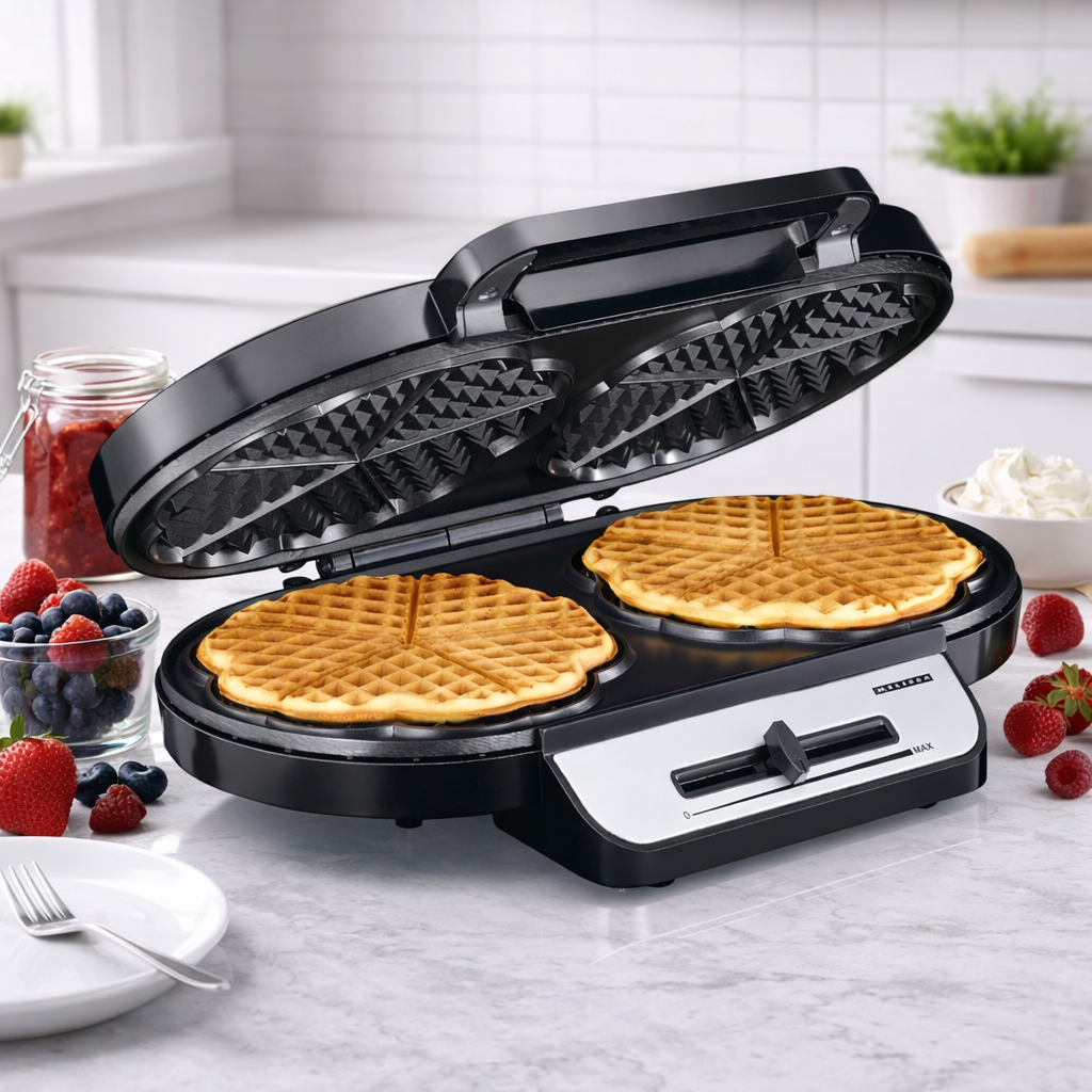 MELISSA Waffle Maker Iron, Double Heart Shape Waffle Machine with Non Stick Plates & Adjustable Temperature Control, 1200W - Black/Silver
