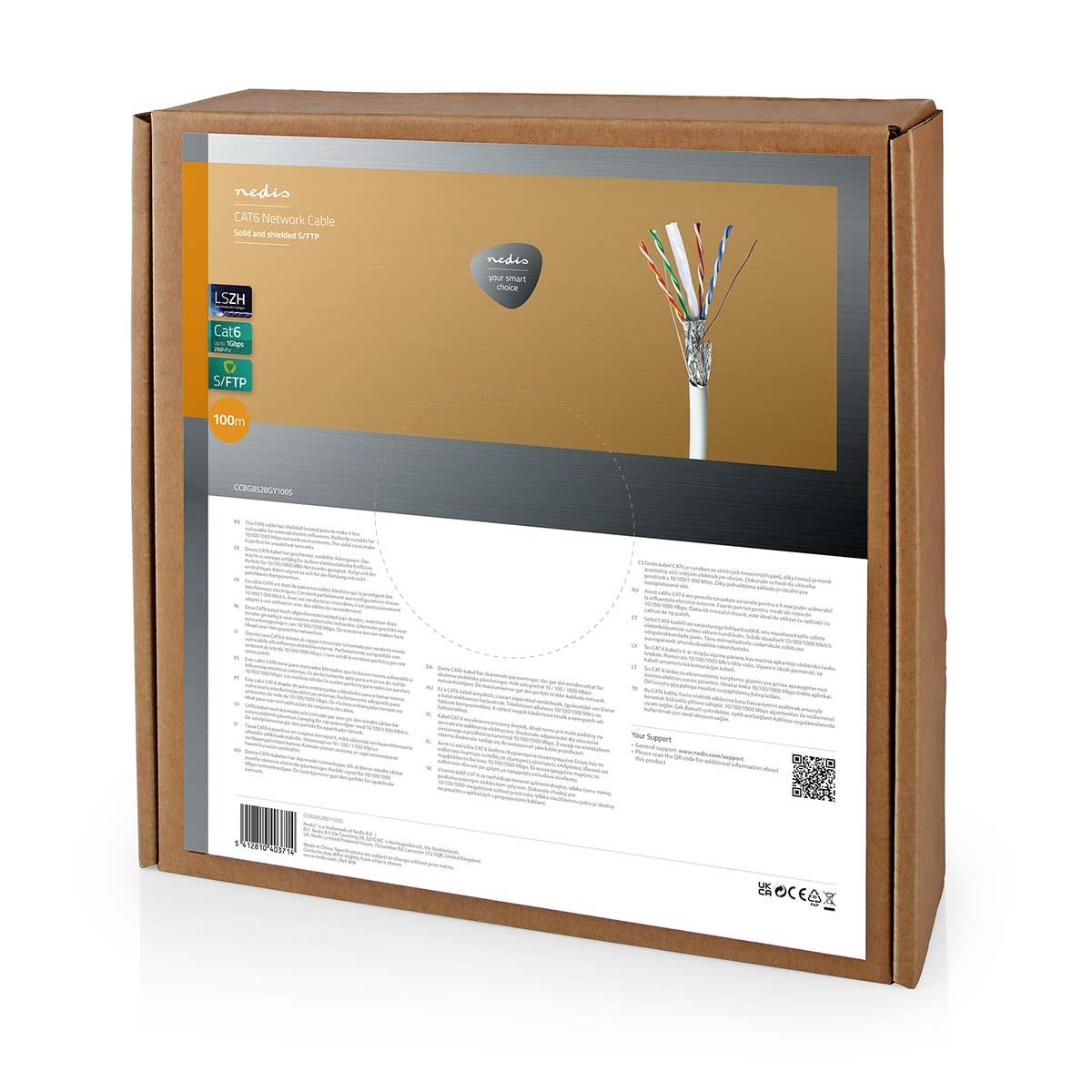 Nedis Network Cable Roll | CAT6 | Solid | S/FTP | Bare Copper | 100.0 m | Indoor | Round | LSZH | Grey | Pull Box