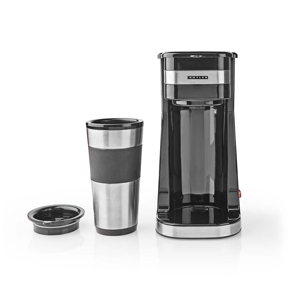 Butler Single Serve Coffee Maker with 400ml Travel Mug, Double Wall Insulated, Stainless Steel, with Reusable Filter