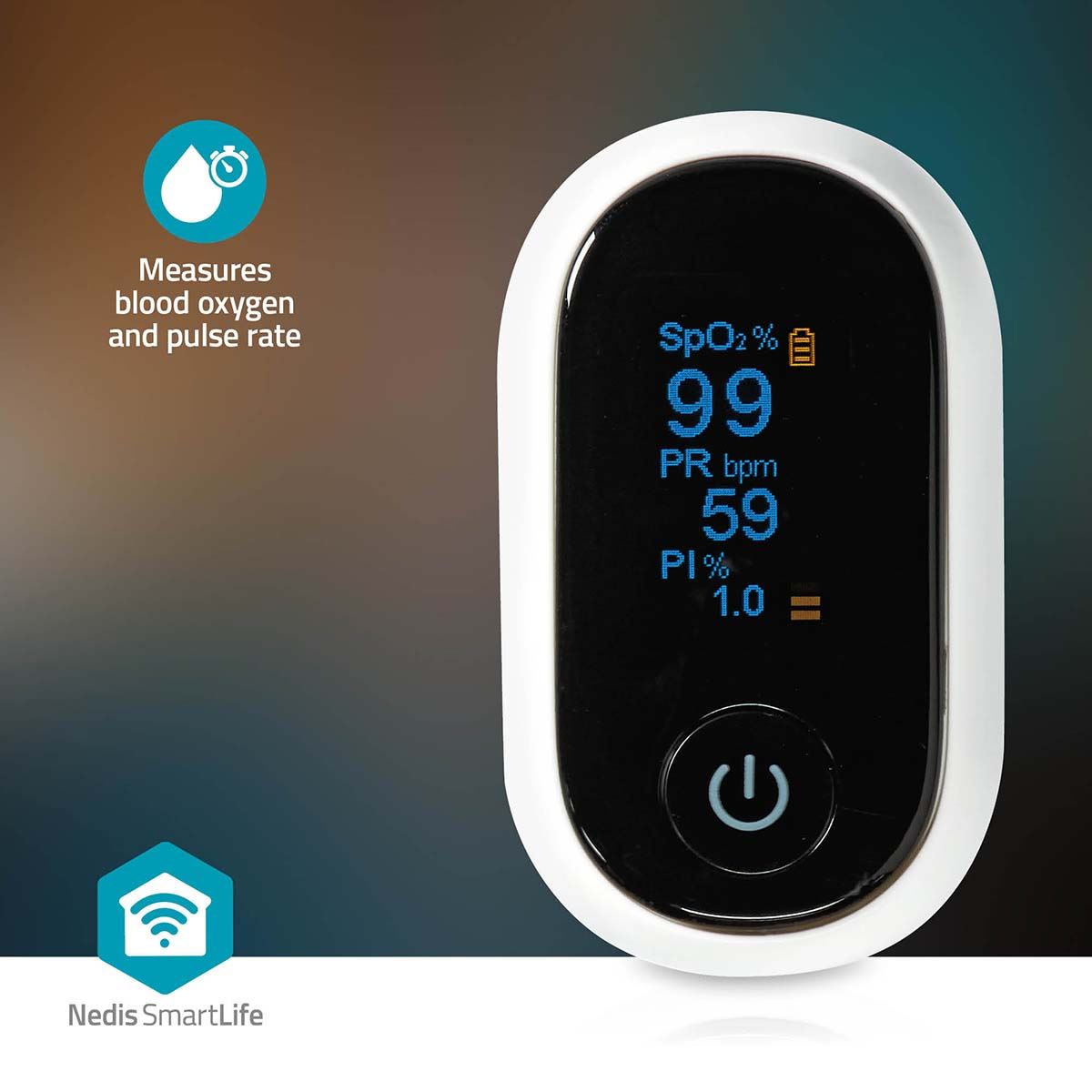 Nedis Smartlife Pulse Oximeter, Measures SpO2, PR & PI, OLED Display, Bluetooth, High Precision Sensor, 8-Second Reading, App Connected - White