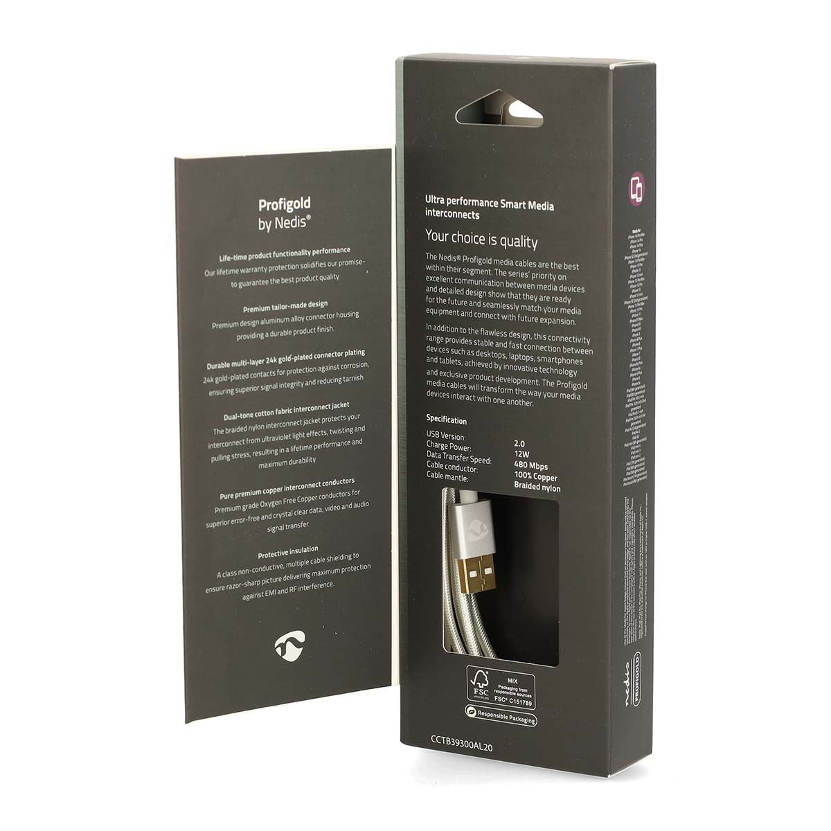 Nedis Lightning Cable | USB 2.0 | Apple Lightning 8-Pin | USB-A Male | 480 Mbps | Gold Plated | 2.00 m | Round | Braided / Nylon | Aluminium | Cover Window Box