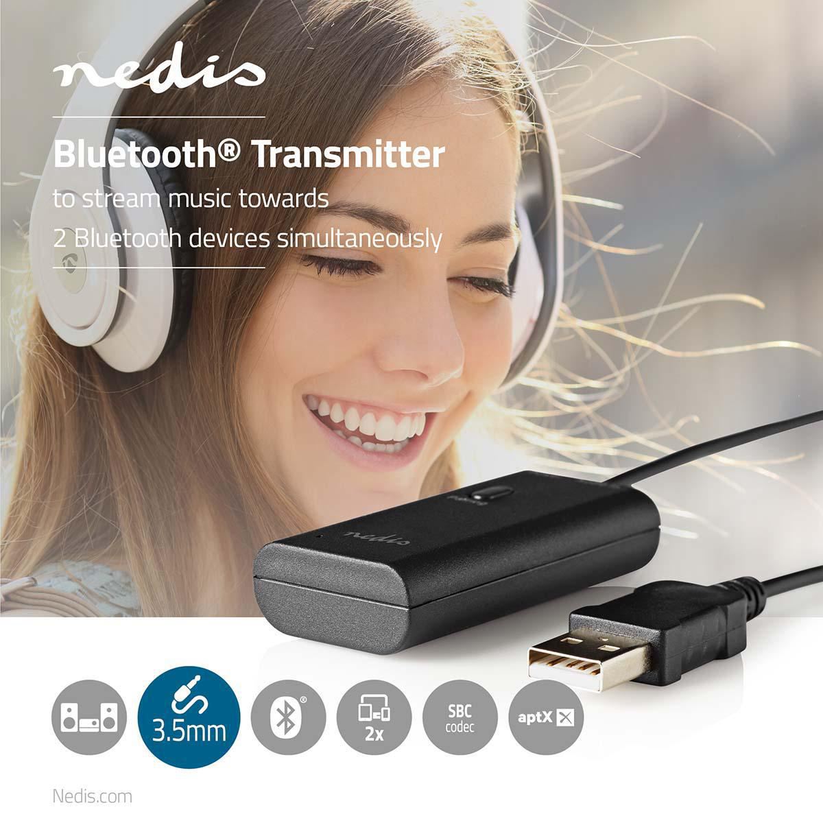 Nedis Bluetooth® Transmitter | Connection input: 1x 3.5 mm | AptX ™ Low latency / AptX™ / SBC | Up to 2 Devices | Black