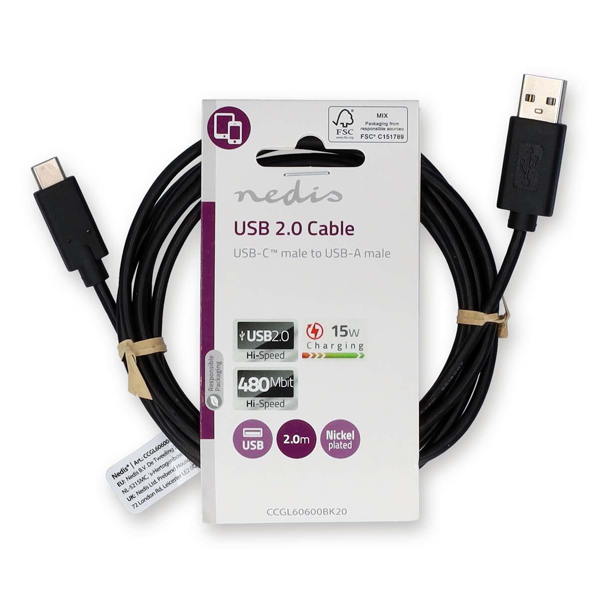 Nedis USB Cable | USB 2.0 | USB-A Male | USB-C™ Male | 15 W | 480 Mbps | Nickel Plated | 2.00 m | Round | PVC | Black | Label