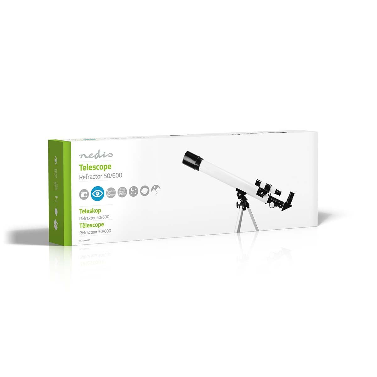 Nedis Telescope | Aperture: 50 mm | Focal length: 600 mm | Finderscope: 5 x 24 | Maximum working height: 125 cm | Tripod | Black / White