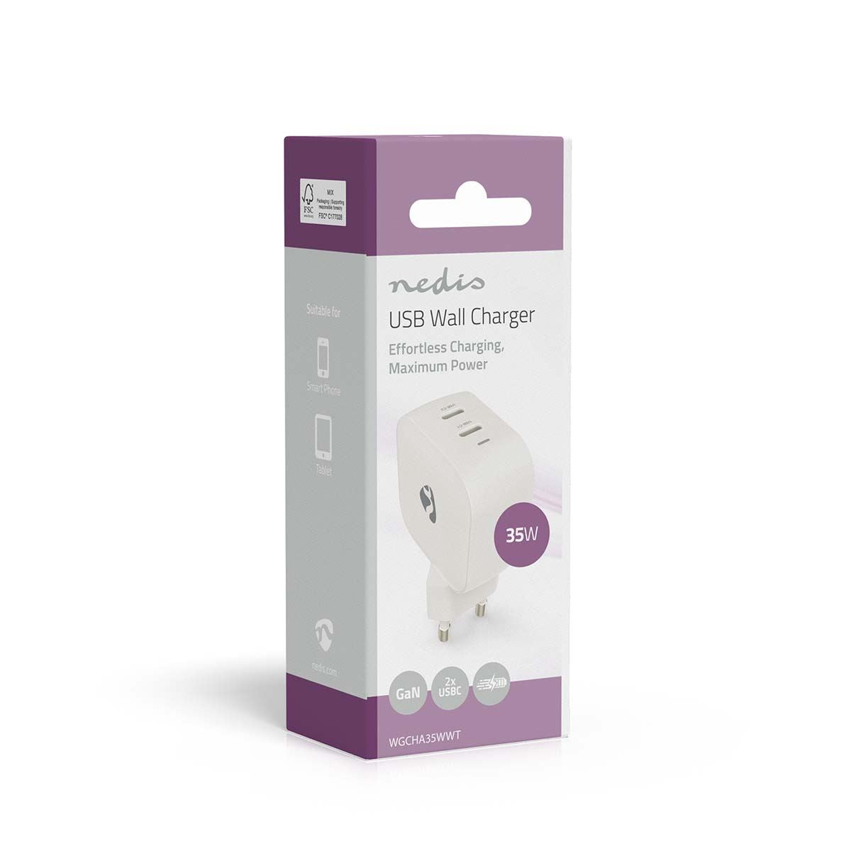 Nedis EU Euro Travel Wall Charger | 35 W | GaN | PD3.0 | Quick charge feature | 1.75 / 2.33 / 2.92 / 3.0 A | Number of outputs: 2 | 2x USB-C™ | Automatic Voltage Selection | White