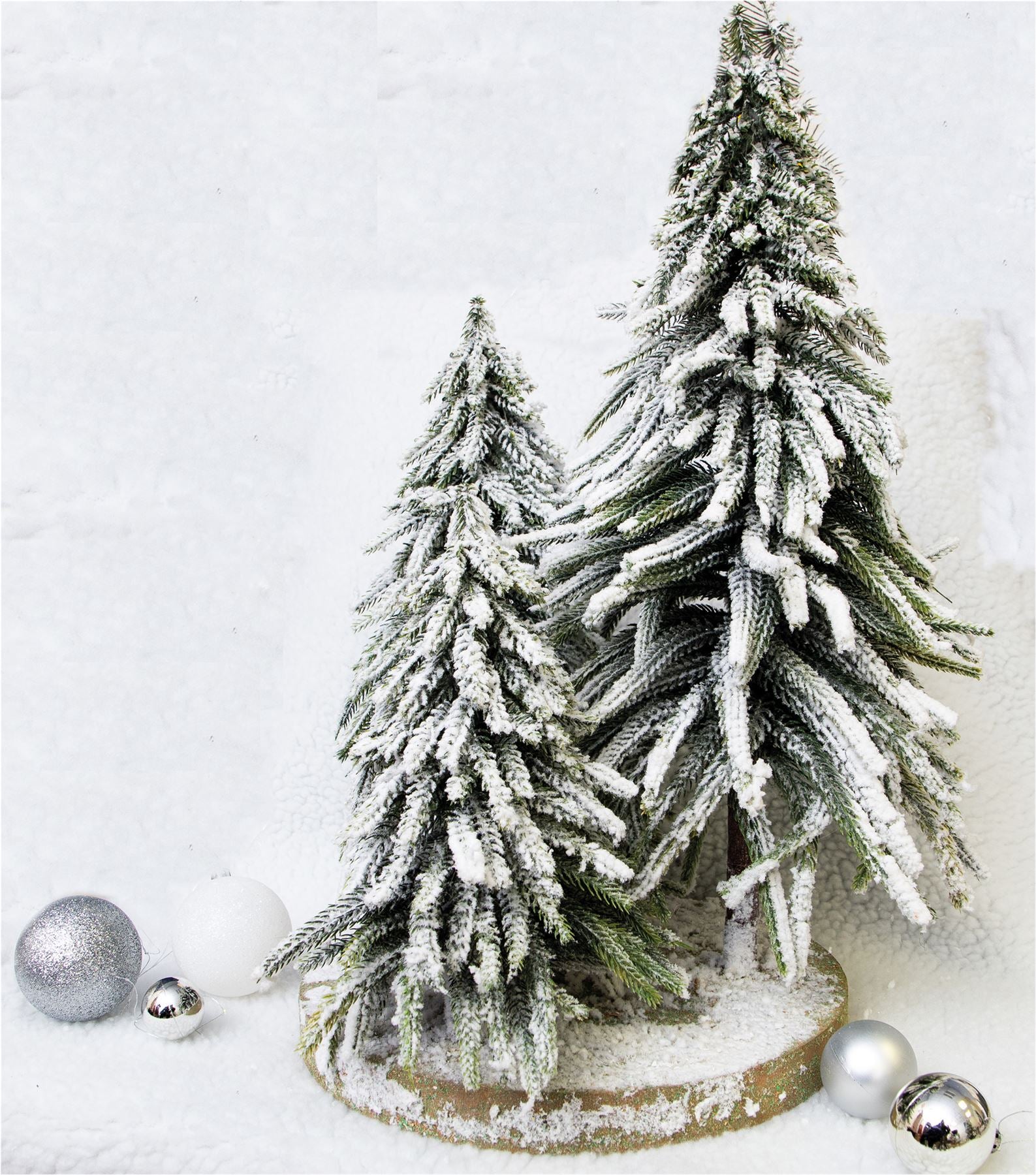 Snow Topped Mini Christmas Tree Display on Wooden Stand Decoration
