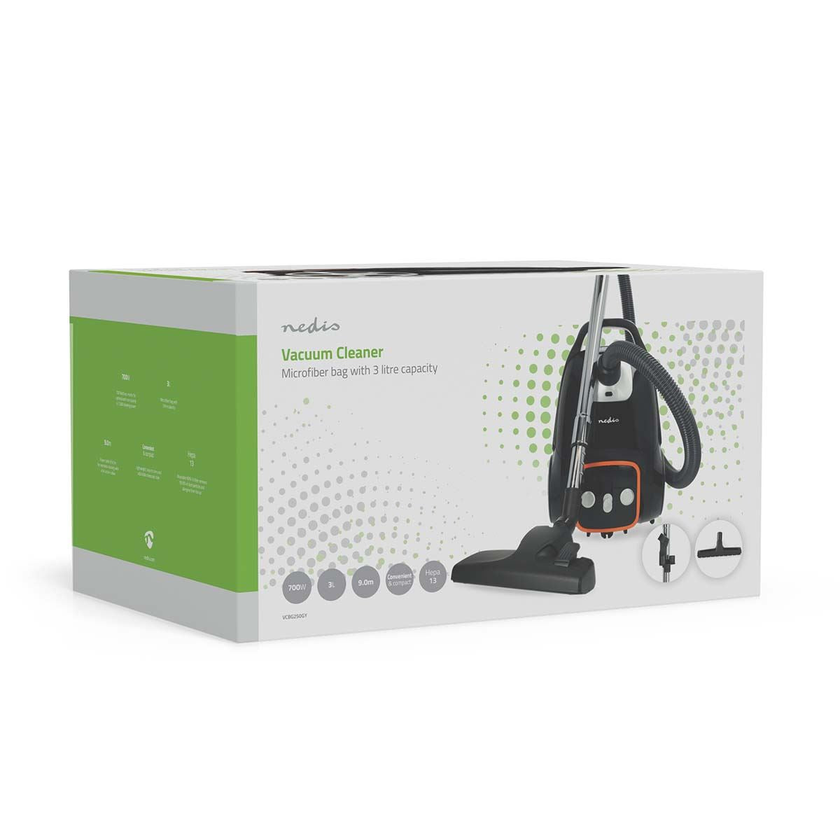 Nedis Vacuum Cleaner | With Bag | 700 W | Dust capacity: 3.0 l | Combi Brush | Action radius: 9.00 m | Vacuum cleaner suction control | Hepa 13 | Anthracite / Black / Orange