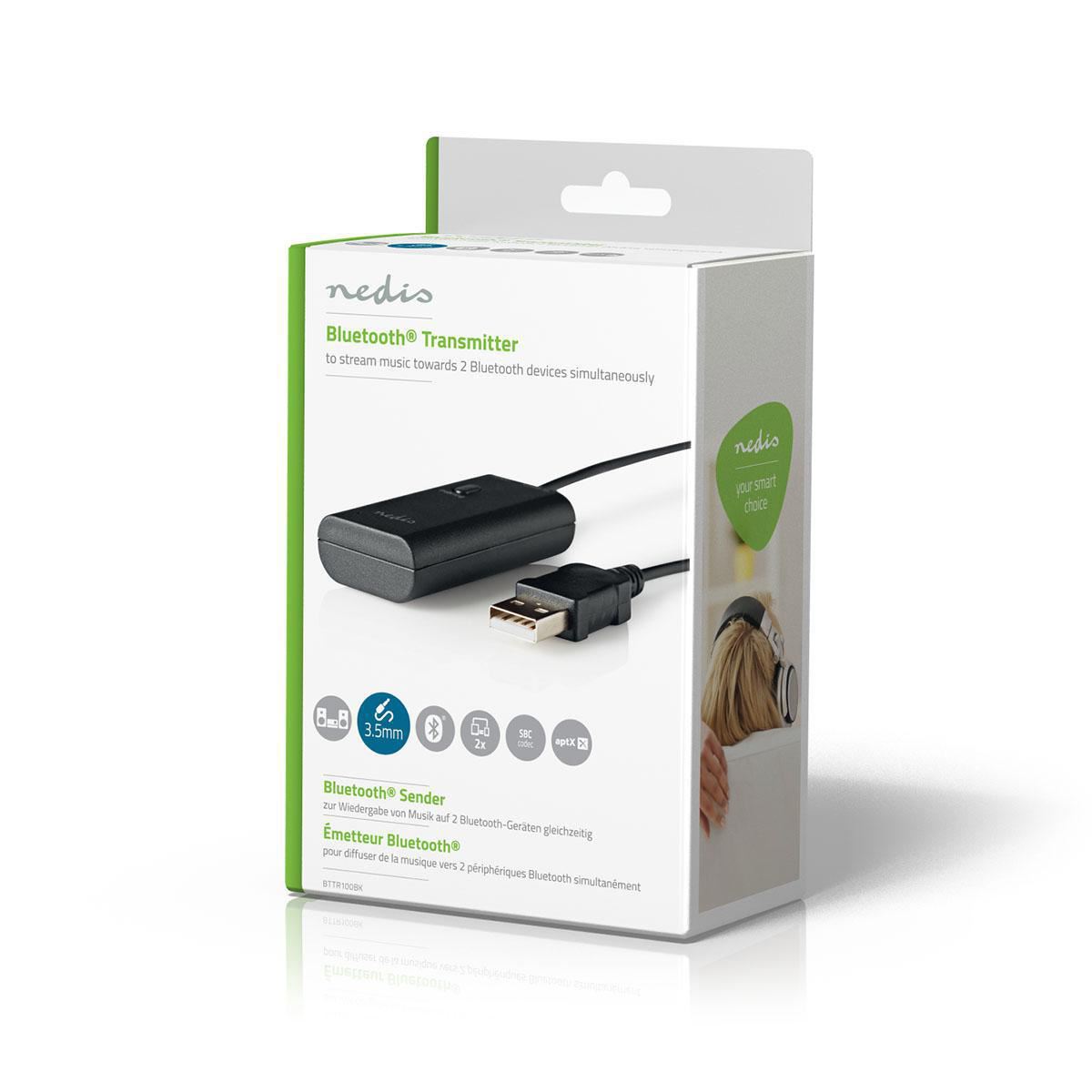 Nedis Bluetooth® Transmitter | Connection input: 1x 3.5 mm | AptX ™ Low latency / AptX™ / SBC | Up to 2 Devices | Black