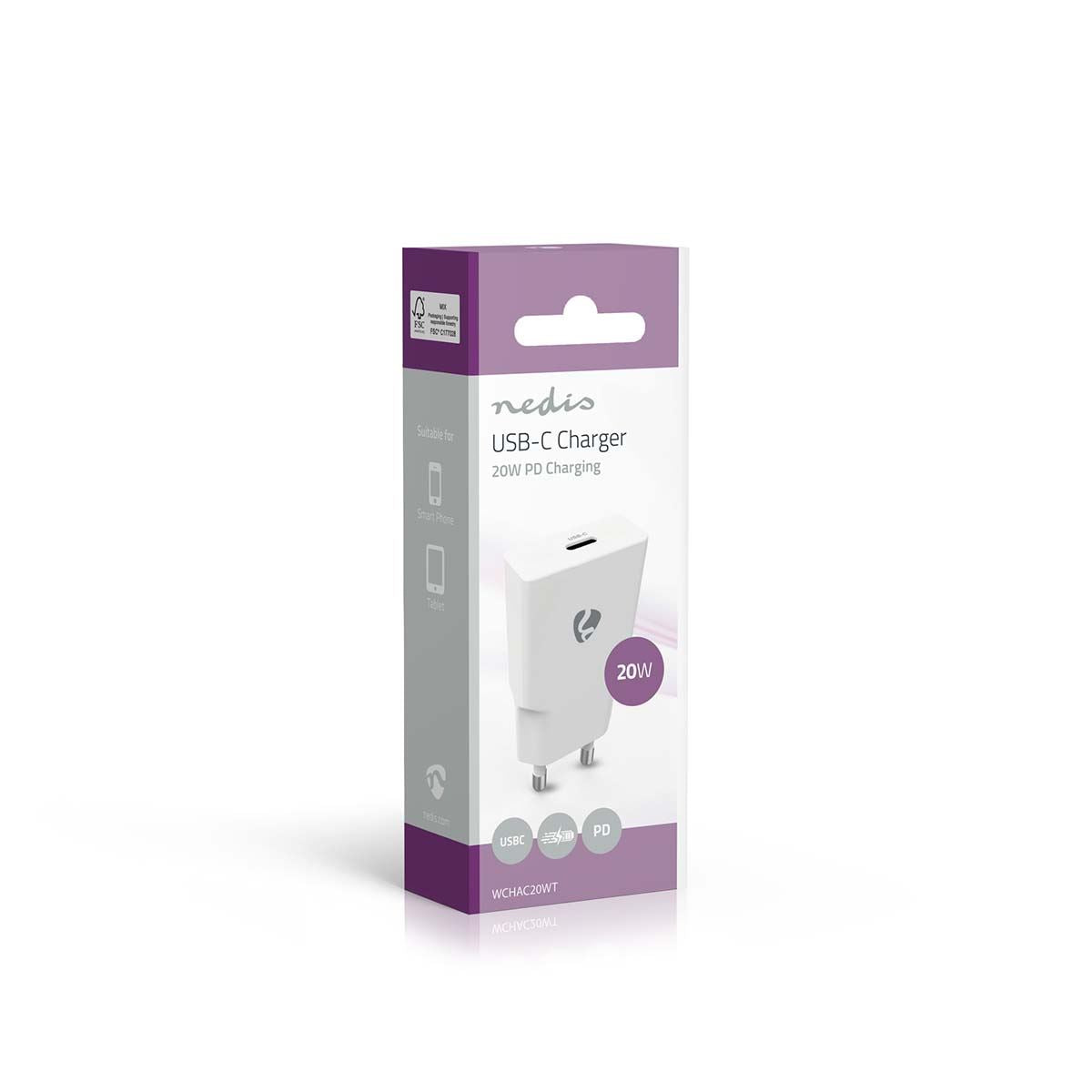 Nedis EU Euro Travel Wall Charger | 20 W | GaN | PD3.0 | Quick charge feature | 1.67 / 2.22 / 3.0 A | Number of outputs: 1 | USB-C™ | Automatic Voltage Selection | White