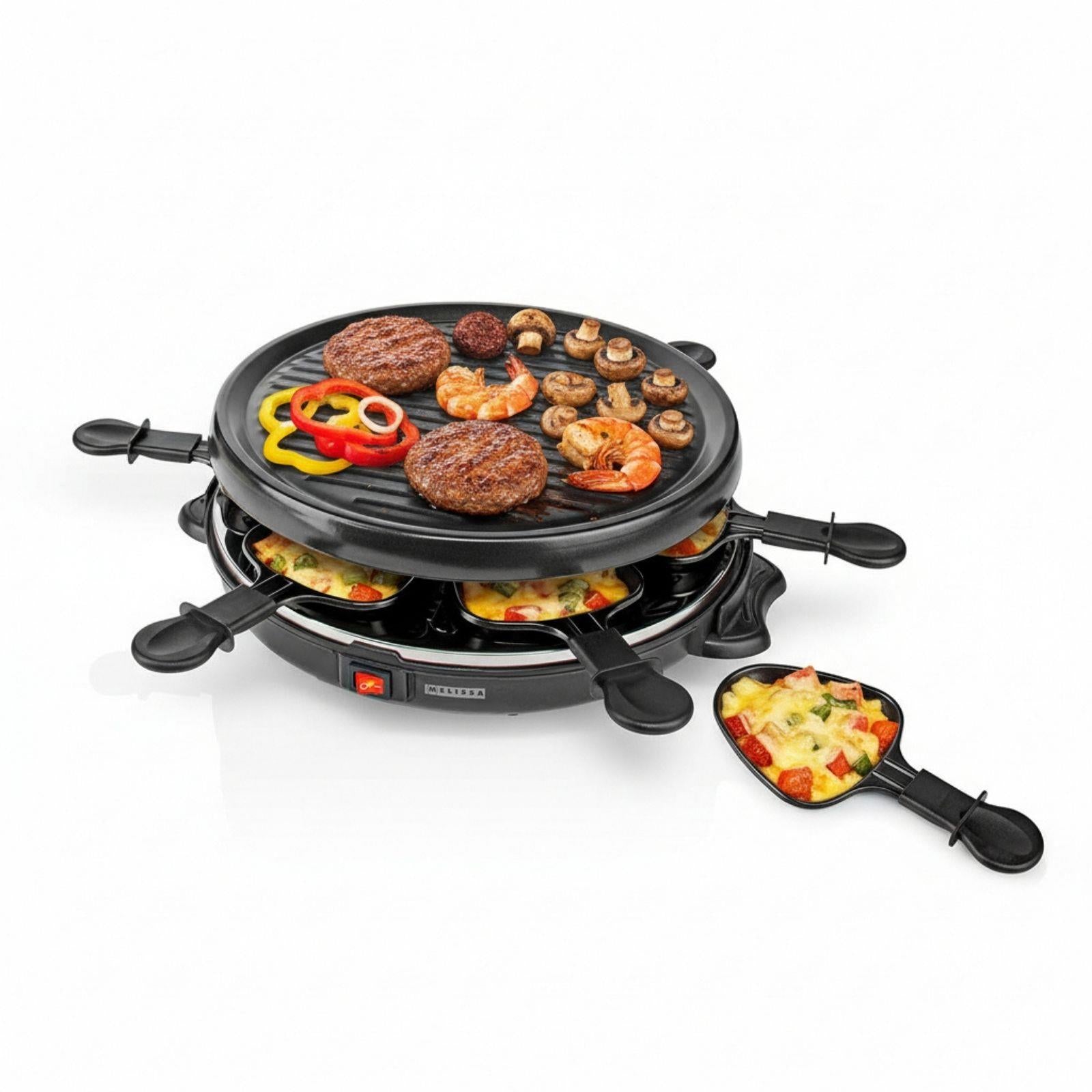 MELISSA Electric Raclette Gourmet Grill, 6 Person Indoor Non-Stick Tabletop Cooker, Removable Round Hot Plate, with 6 x Mini Cheese Pans & Spatulas, 800W