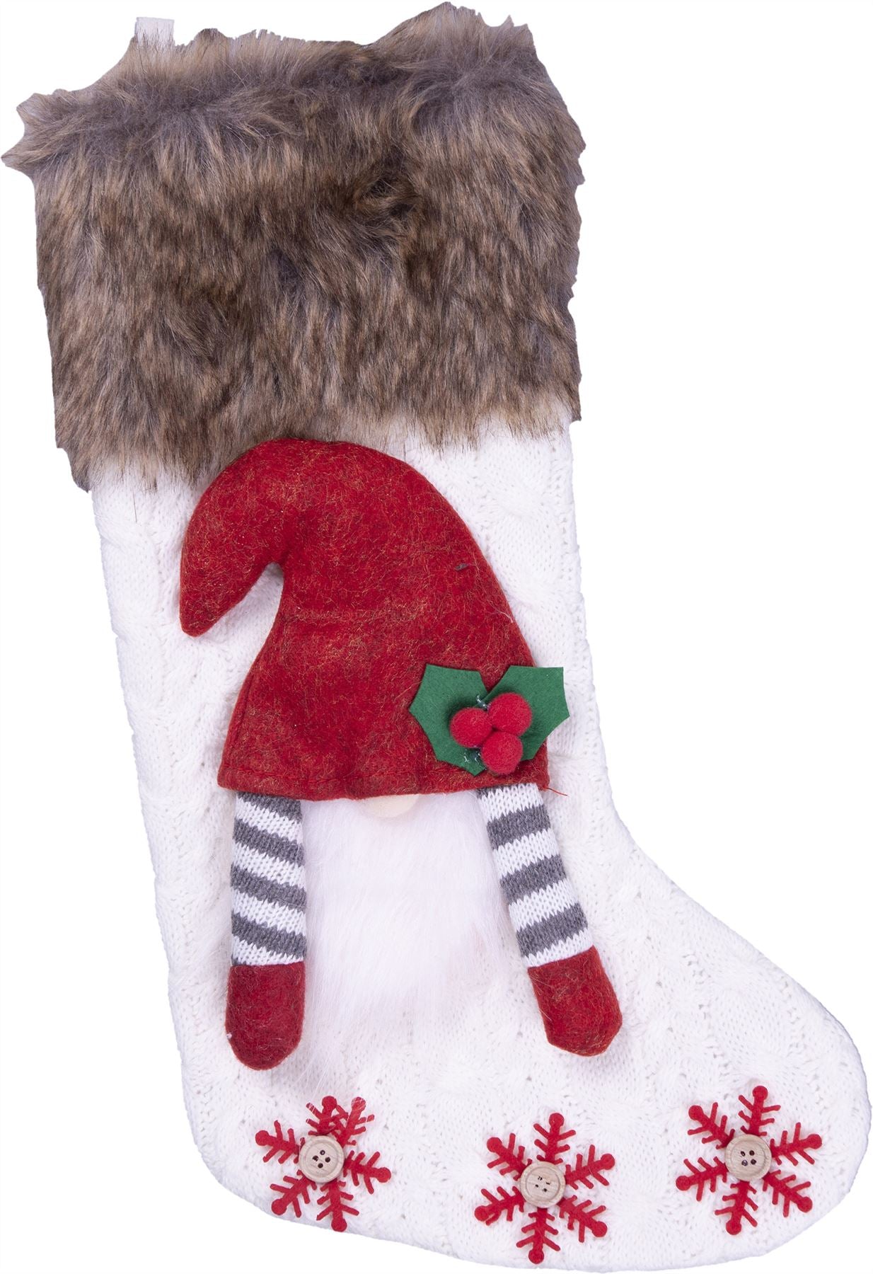 Luxury Gonk Design Christmas Fur Lined Knitted Stocking for Xmas Eve - White