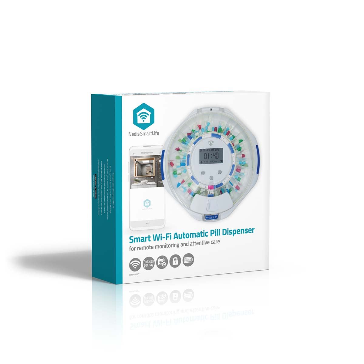 Nedis Smart Wi-Fi Pill Dispenser, 28 Compartments, 9 Daily Alarms, LCD Display, Locking Cover, Sliding Door, Medication Organiser for Vitamins & Supplements, Compatible with SmartLife App � White