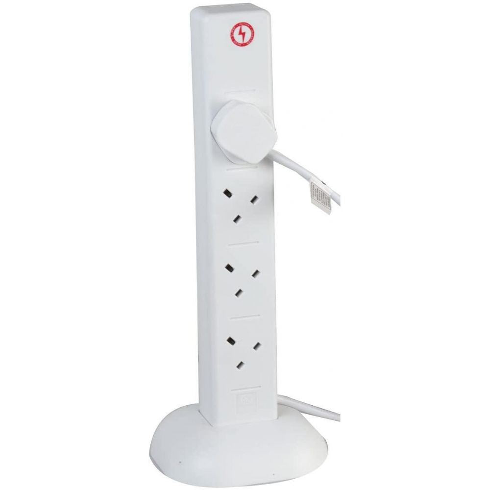 8 Gang Tower 2m Mains Extension Lead Socket Surge Protected 13A with USB Charge Ports - White