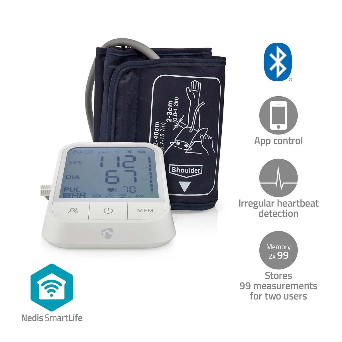 Nedis Smart Upper Arm Blood Pressure Monitor, Clinically Validated with Bluetooth, Irregular Heartbeat Detection, WHO Colour Indicator, 4.3 Inch LCD Screen, 2x99 Memory, 22-42 cm Cuff - White