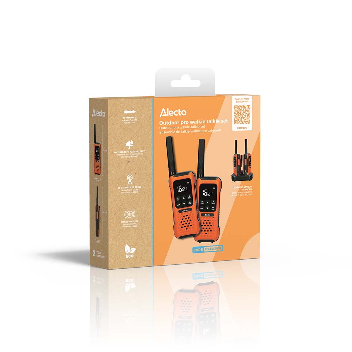 Alecto Walkie-Talkie Set | 2 Handsets | Up to 10 km | Frequency channels: 16 | PTT / VOX | 110 h standby| Charging base included | Headphone output | Orange | FR300OE