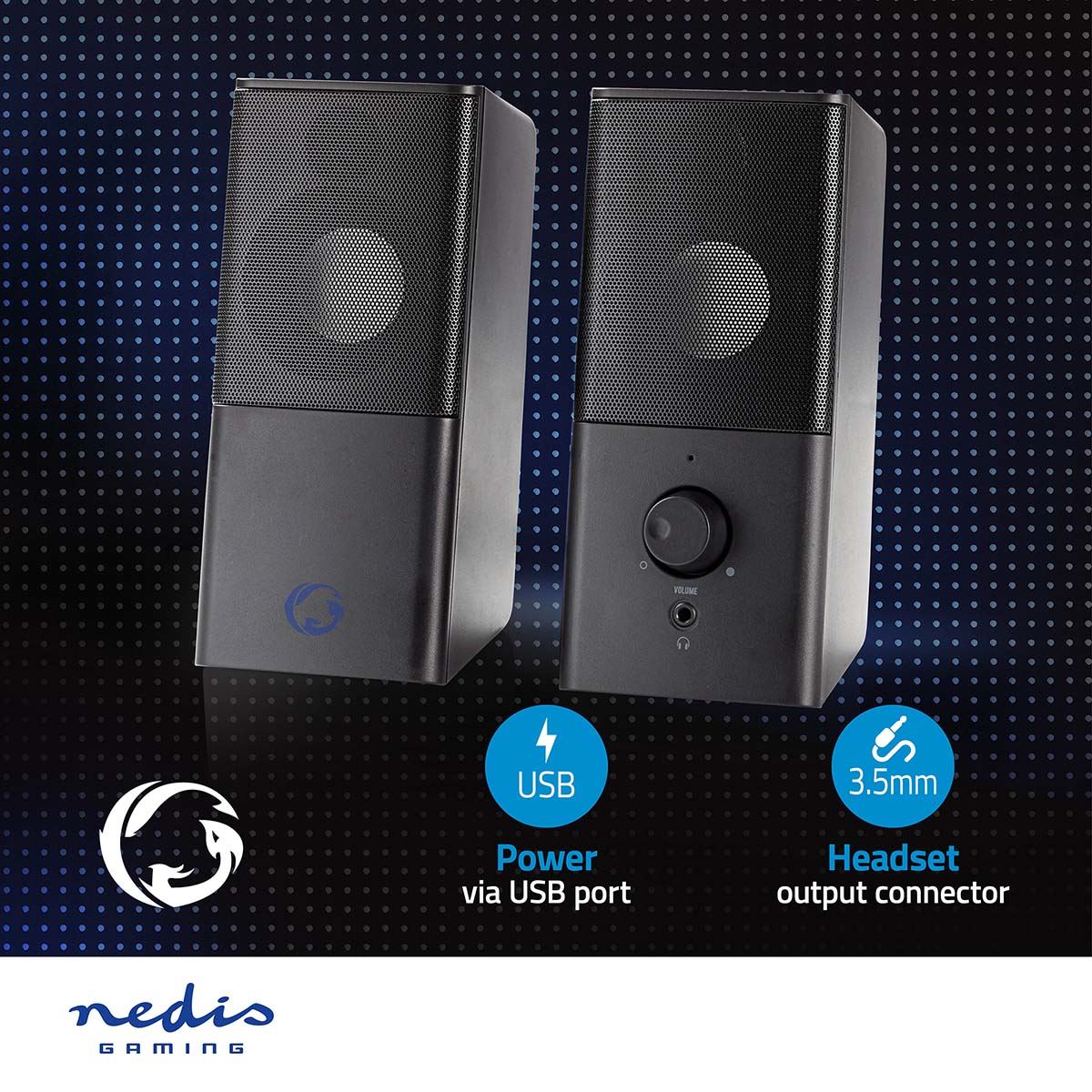 Nedis Gaming Speaker | Speaker channels: 2.0 | USB Powered | 3.5 mm Male | 18 W | Without Lighting | Volume control | Connection output: 1x 3.5 mm Audio Out