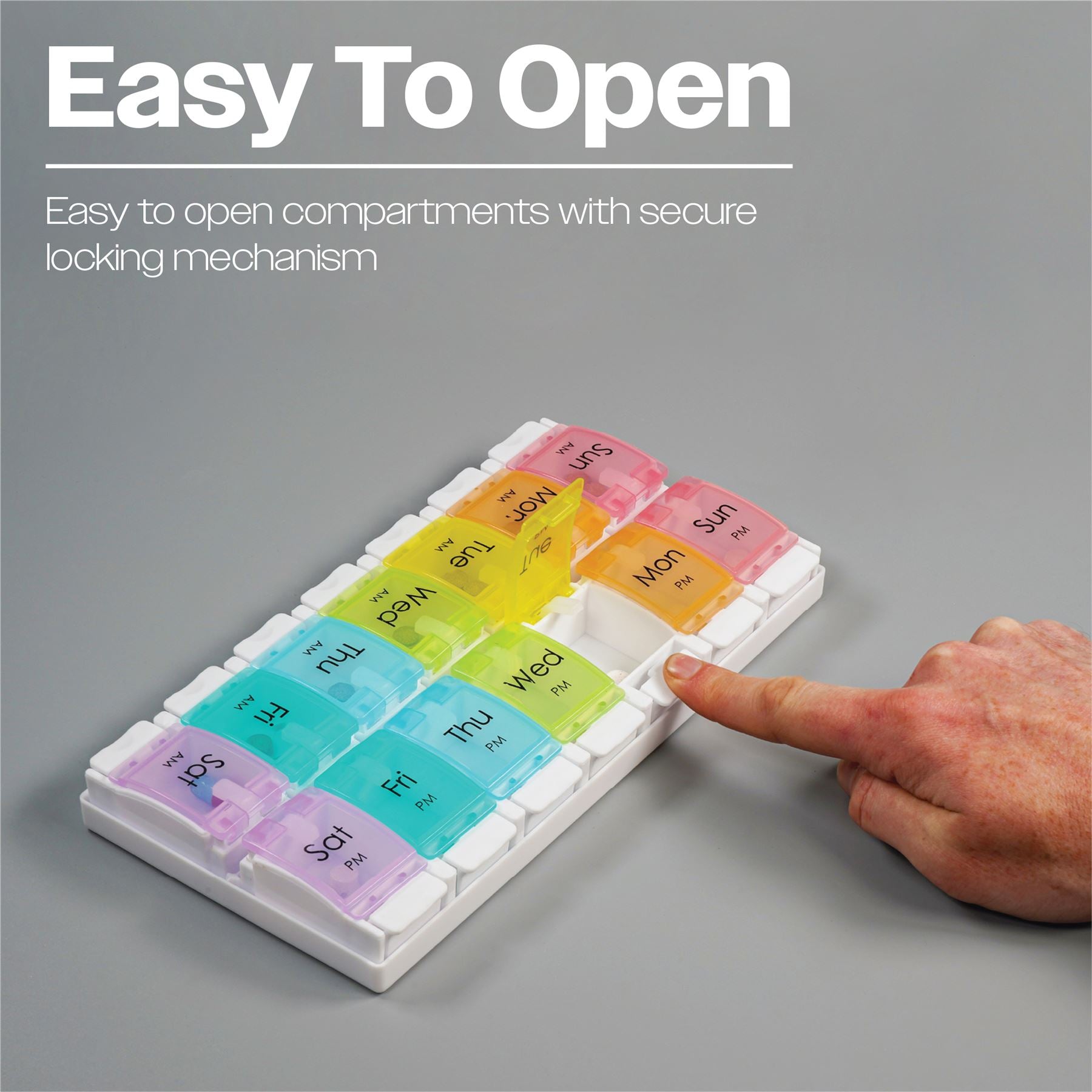 7 Day Weekly 2 Section 14 Compartment AM/PM Pill Tablet Push Button Dispenser Box