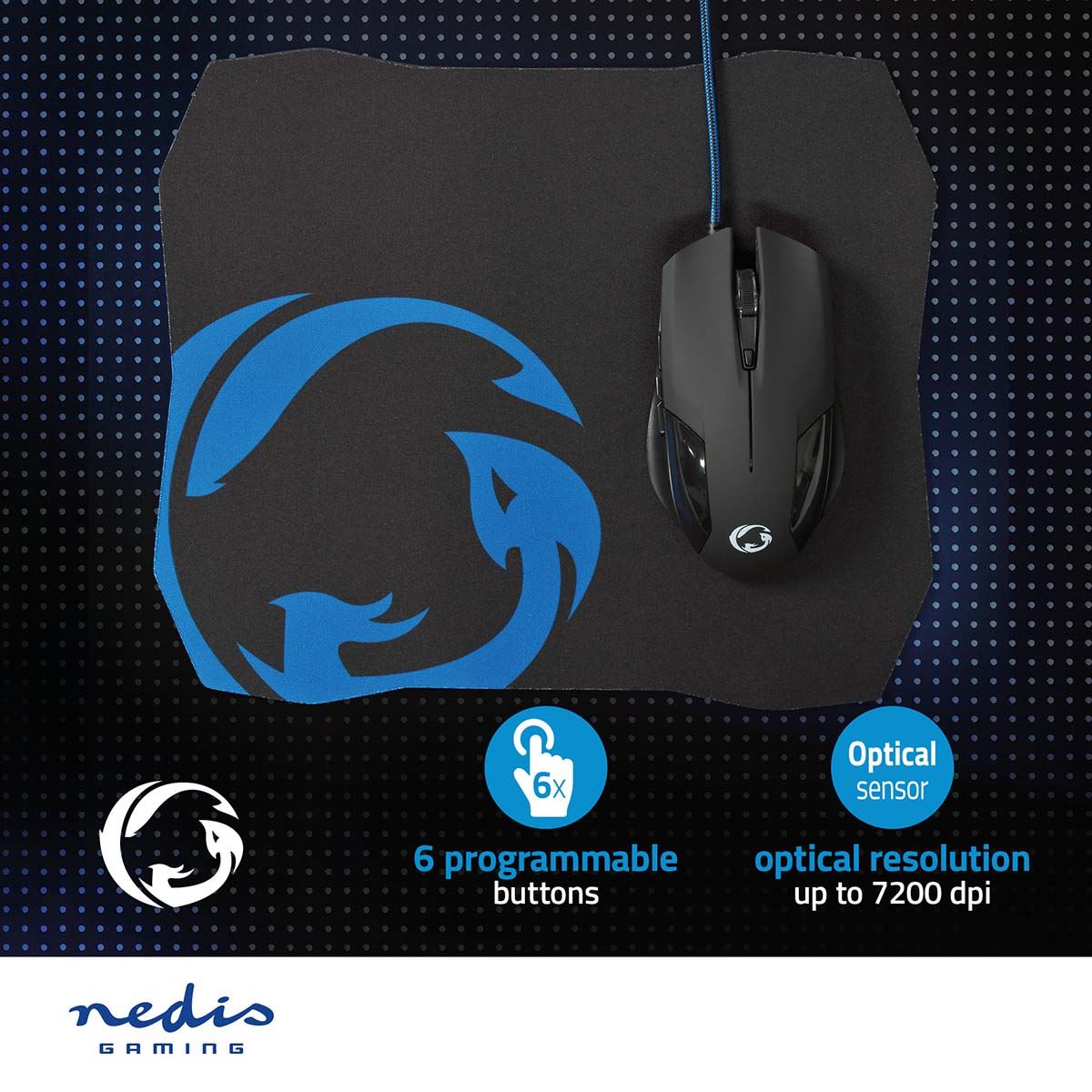 Nedis Gaming Mouse & Mouse Pad Set | Wired | 1200 / 2400 / 4800 / 7200 dpi | Adjustable DPI | Number of buttons: 6 | Right-Handed | 1.50 m | Without Lighting