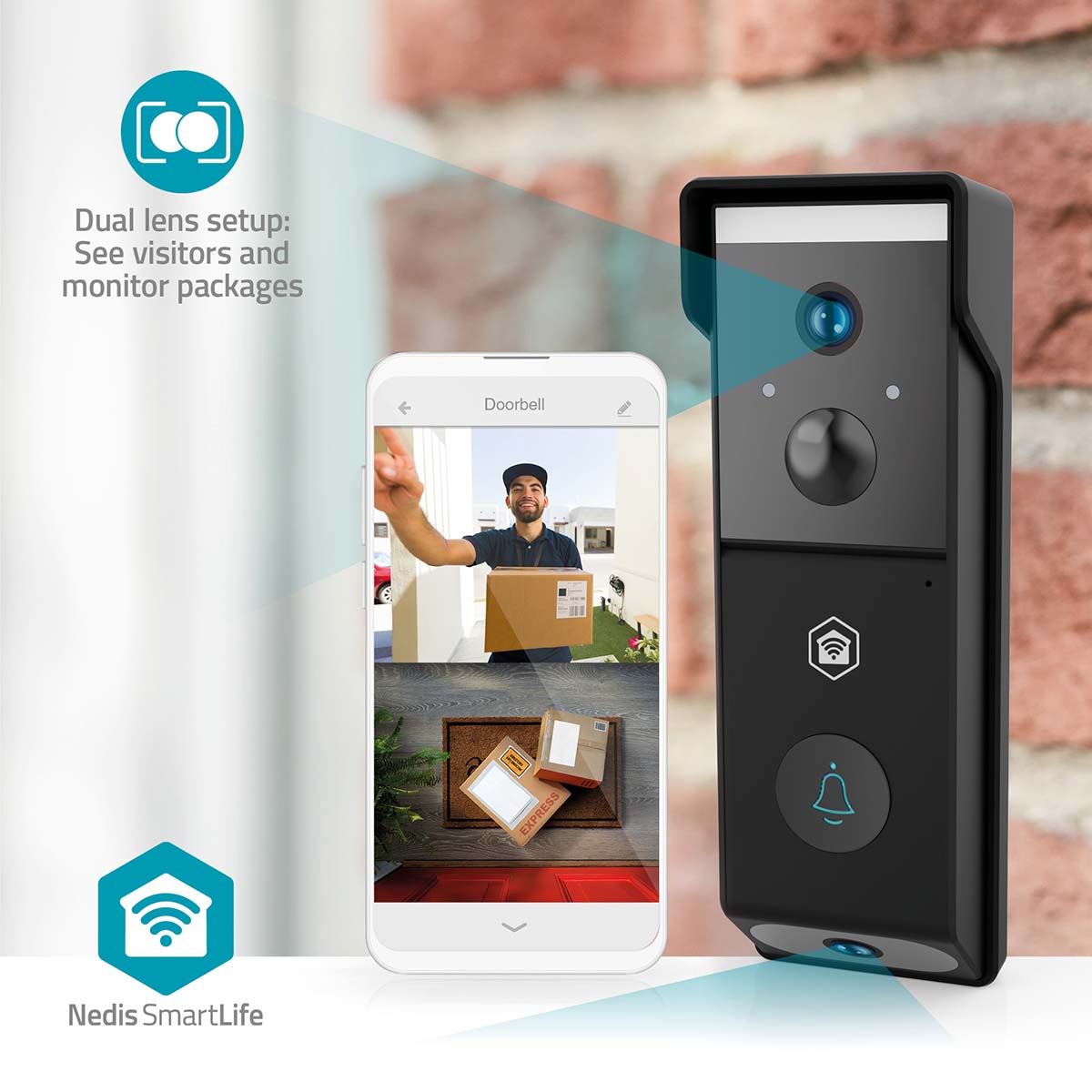 Nedis SmartLife Wireless Video Doorbell WiFi Camera, Battery Powered | 2x Full HD 1080p | Cloud Storage (optional) / microSD (not included) | IP54 | With motion sensor | Night vision | Black