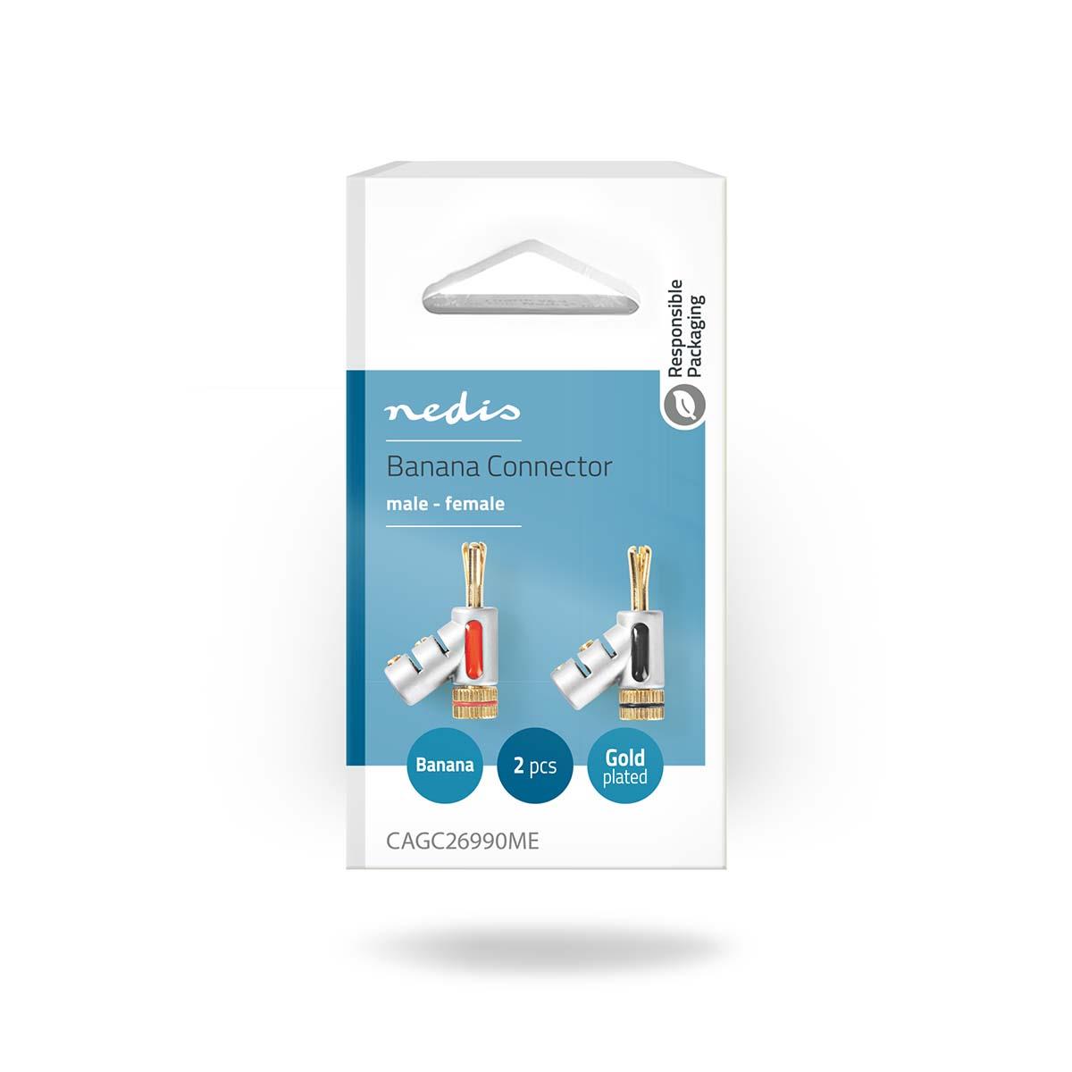 Nedis Banana Connector | Straight | Male | Gold Plated | Screw | Cable input diameter: 7.4 mm | Zinc Alloy | Silver | 2 pcs | Box