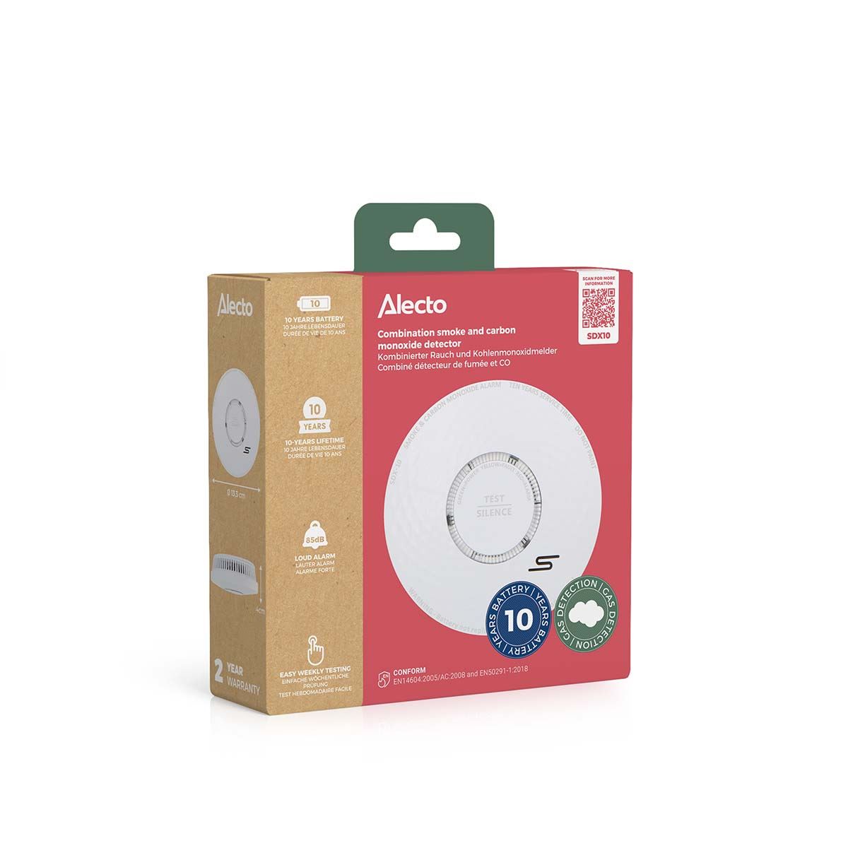 Alecto SDX10 | Smoke and Carbon Monoxide Alarm | Battery Powered | Sensor life cycle: 10 year | EN 50291 | Android™ / IOS | With test button | 85 dB | White