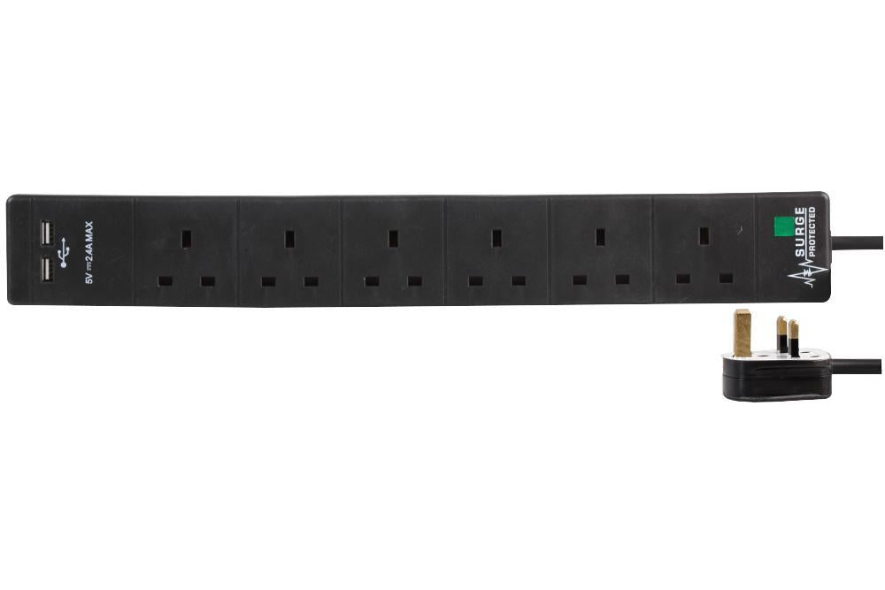 6 Gang 2m Mains Extension Lead Socket Individually Switched 13A with Surge Protection & USB Ports - Black