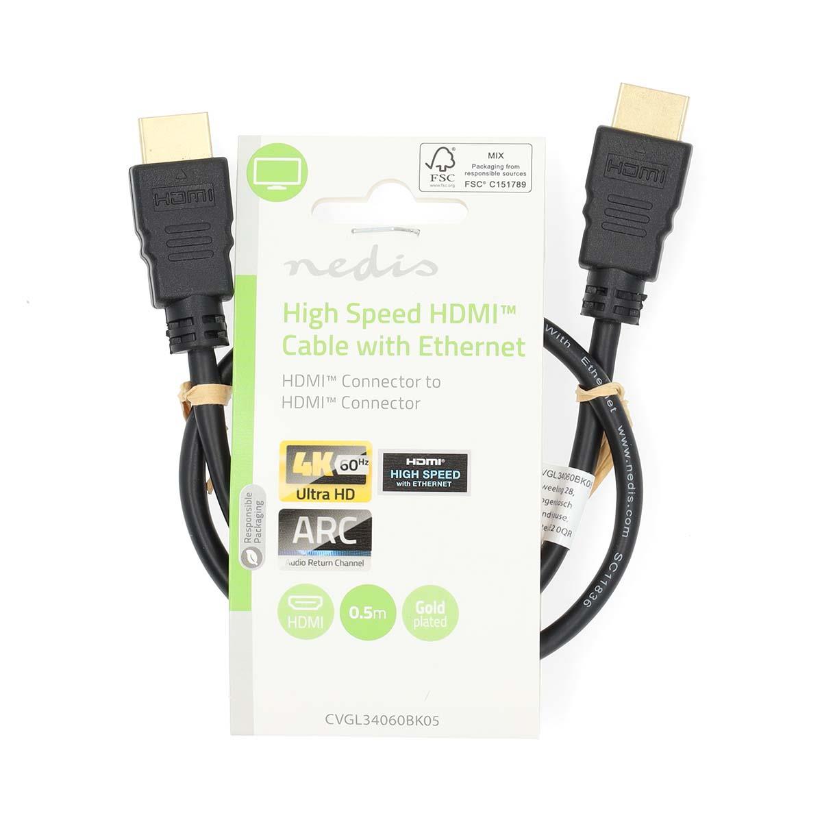 Nedis High Speed HDMI™ Cable with Ethernet | HDMI™ Connector | HDMI™ Connector | 4K@60Hz | ARC | 18 Gbps | 0.50 m | Round | PVC | Black | Label