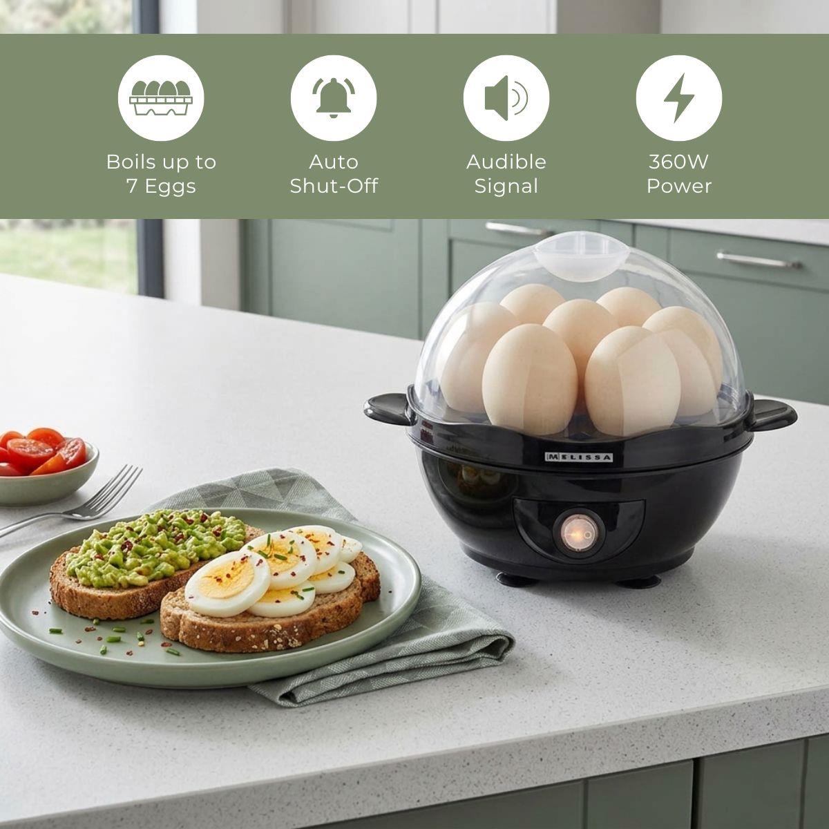 MELISSA Electric Egg Boiler Steamer for Eggs 360W Automatic Egg Boiler Electronic Omelette Maker Poacher for 7 Soft, Medium & Hard Boiled Eggs